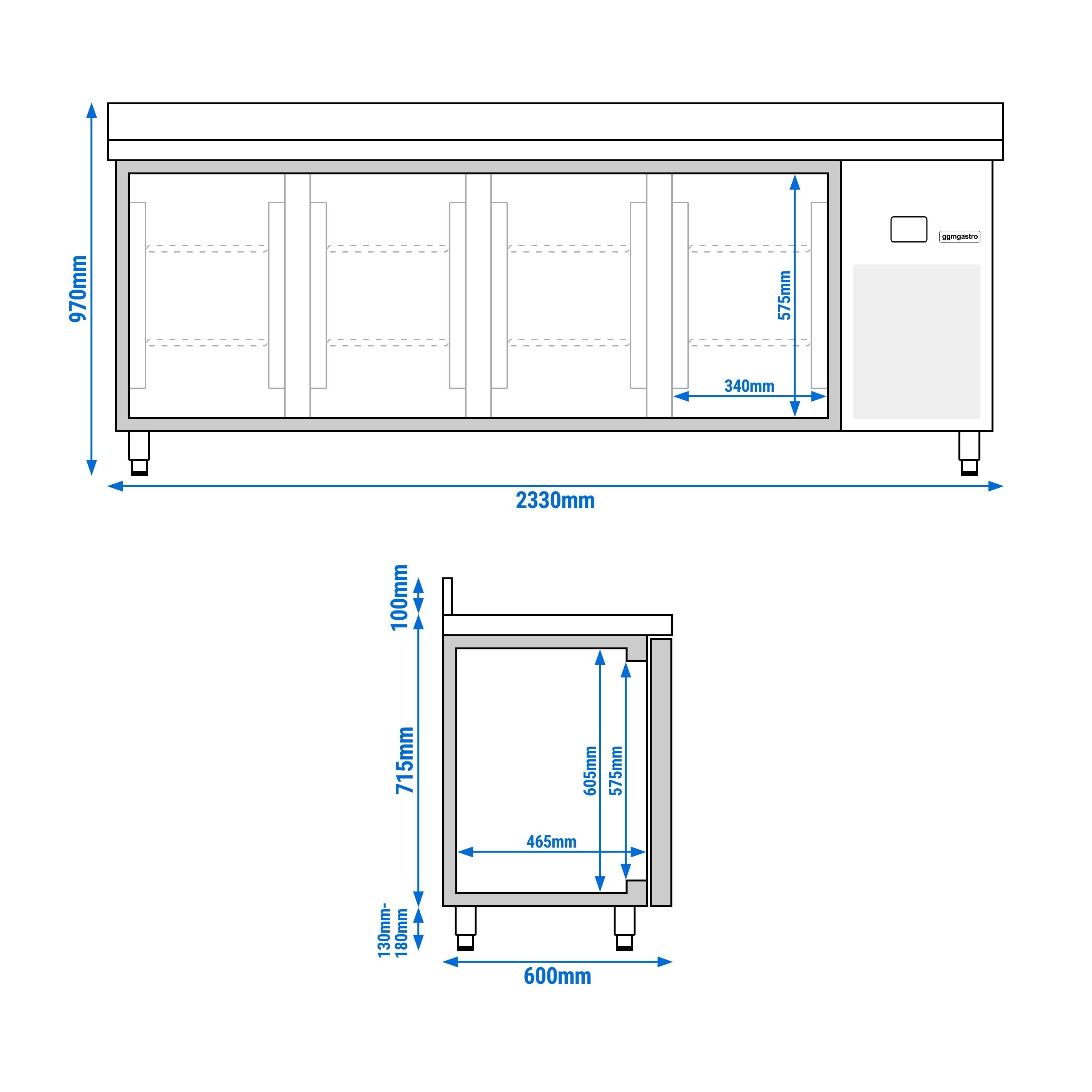 Table réfrigérée PREMIUM - 2330 x 600 mm - avec 4 portes - avec dosseret