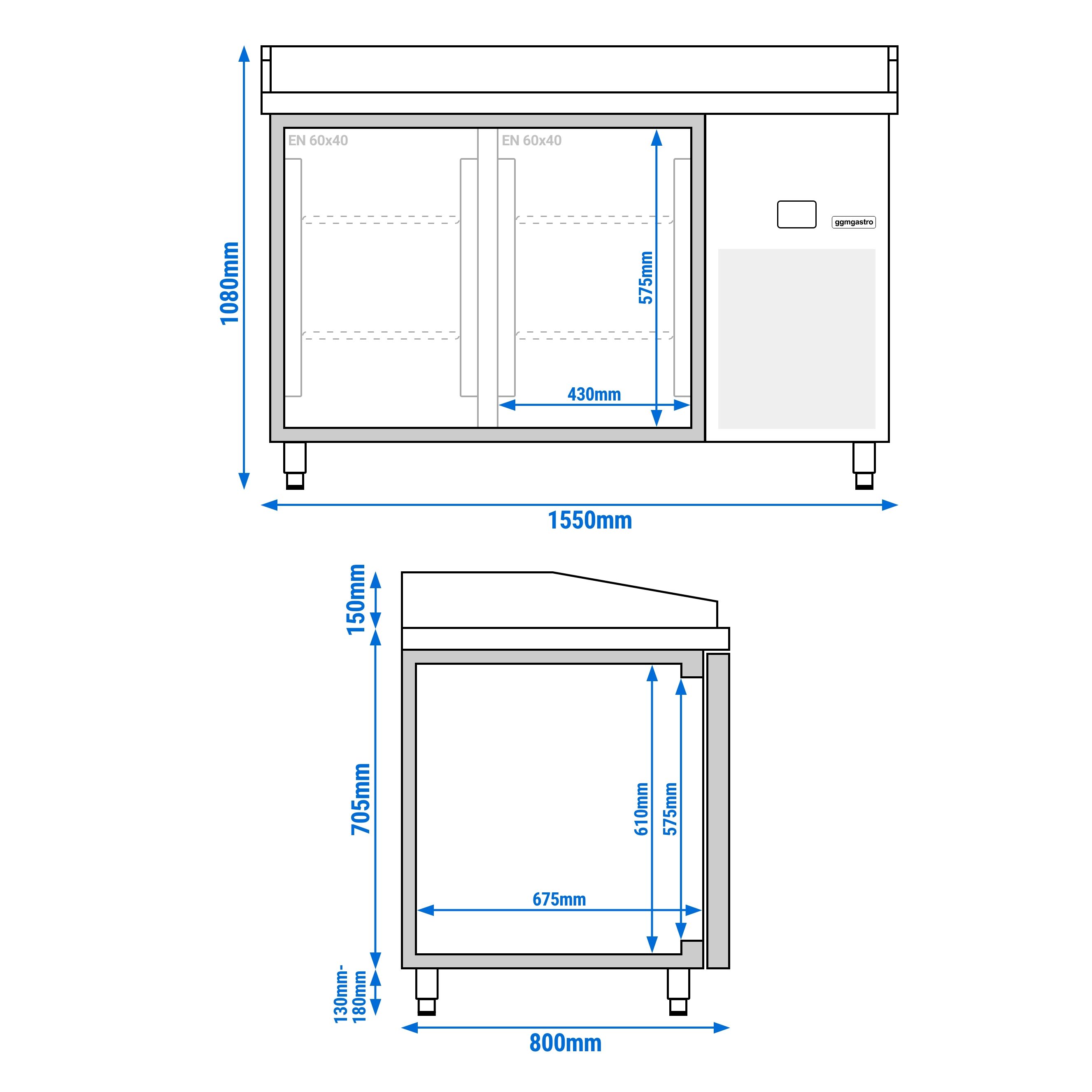 Table réfrigérée pour pizza PREMIUM - 1550 x 800 mm - avec 2 portes