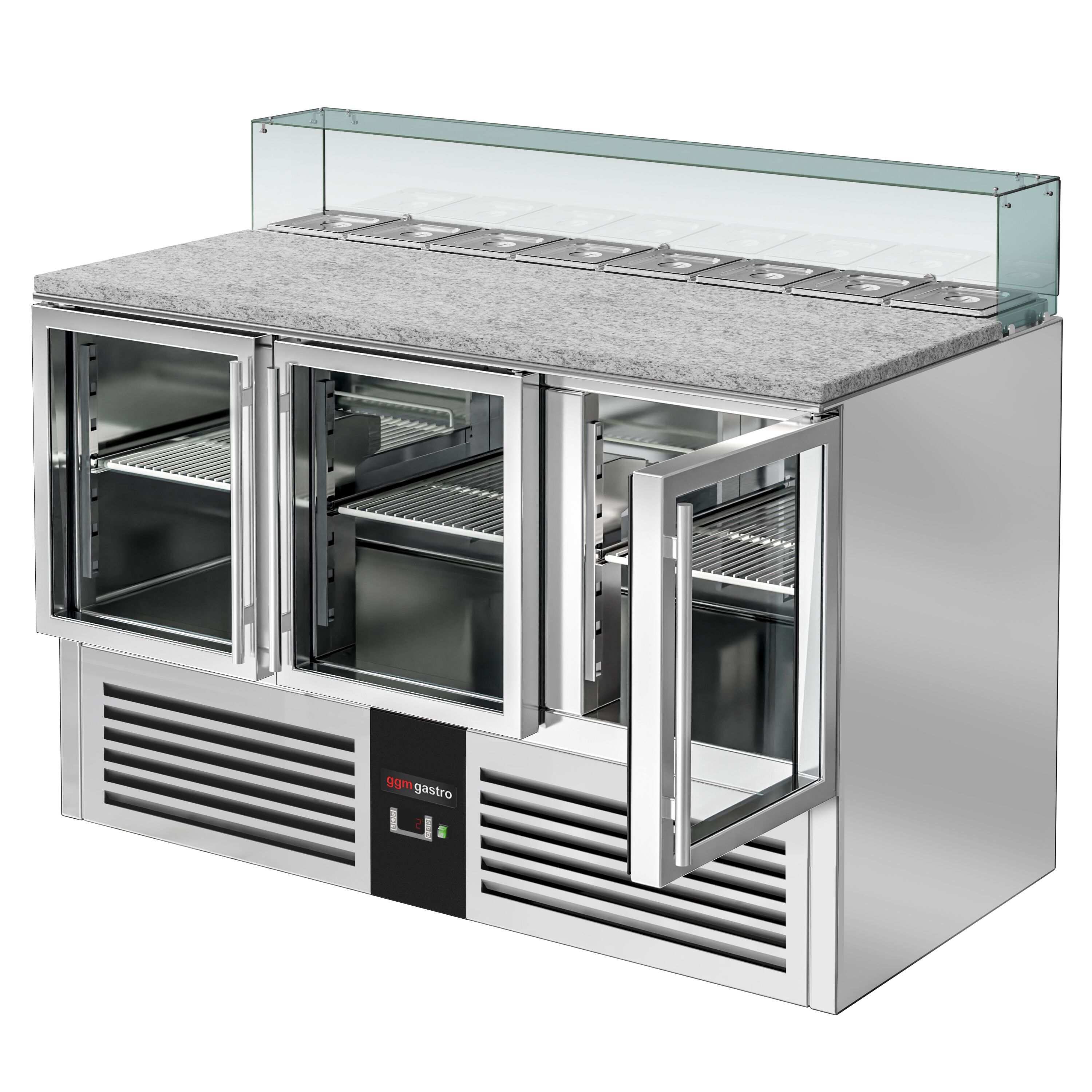 Saladette réfrigérée PREMIUM - 1368mm - 368L - 3 portes vitrées - avec vitrine de comptoir pour 8x GN 1/6