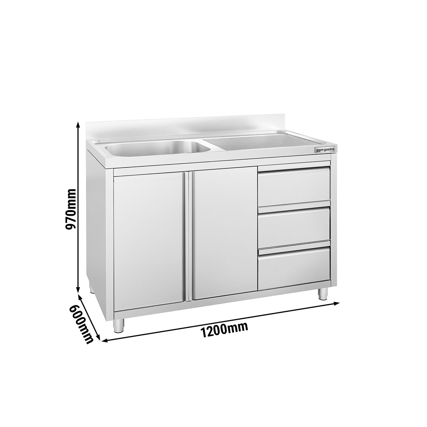 Meuble plonge - 1200x600mm - avec 1 bac à gauche - 3 tiroirs