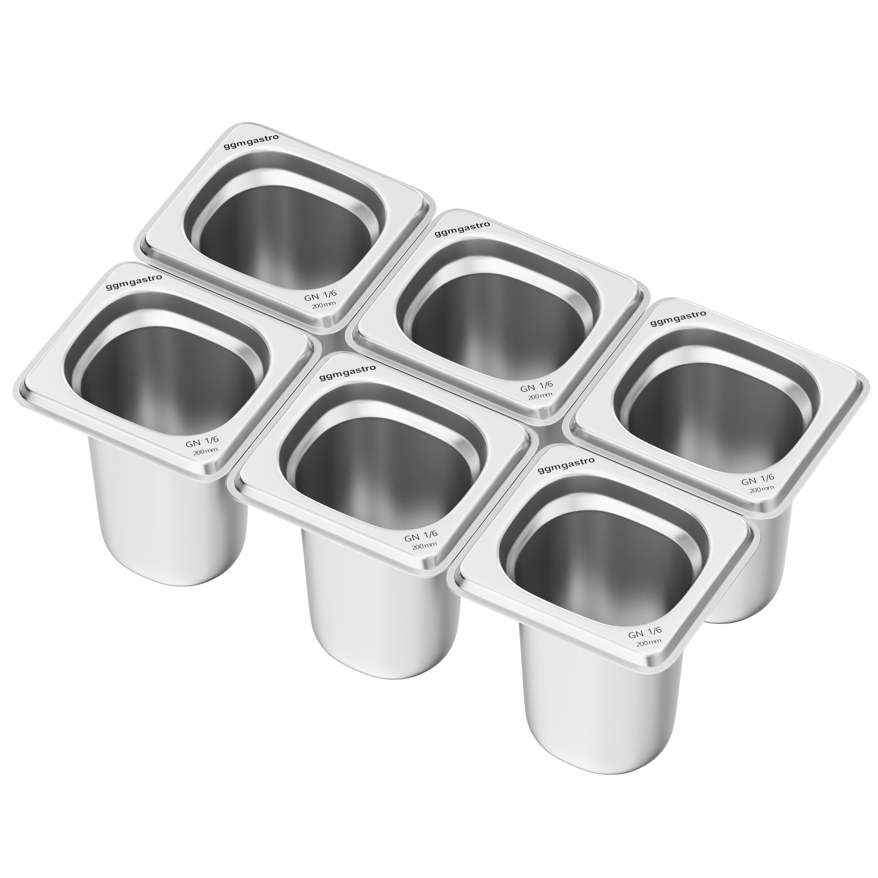 (6 pièces) Bac GN 1/6 en inox - Hauteur : 200 mm
