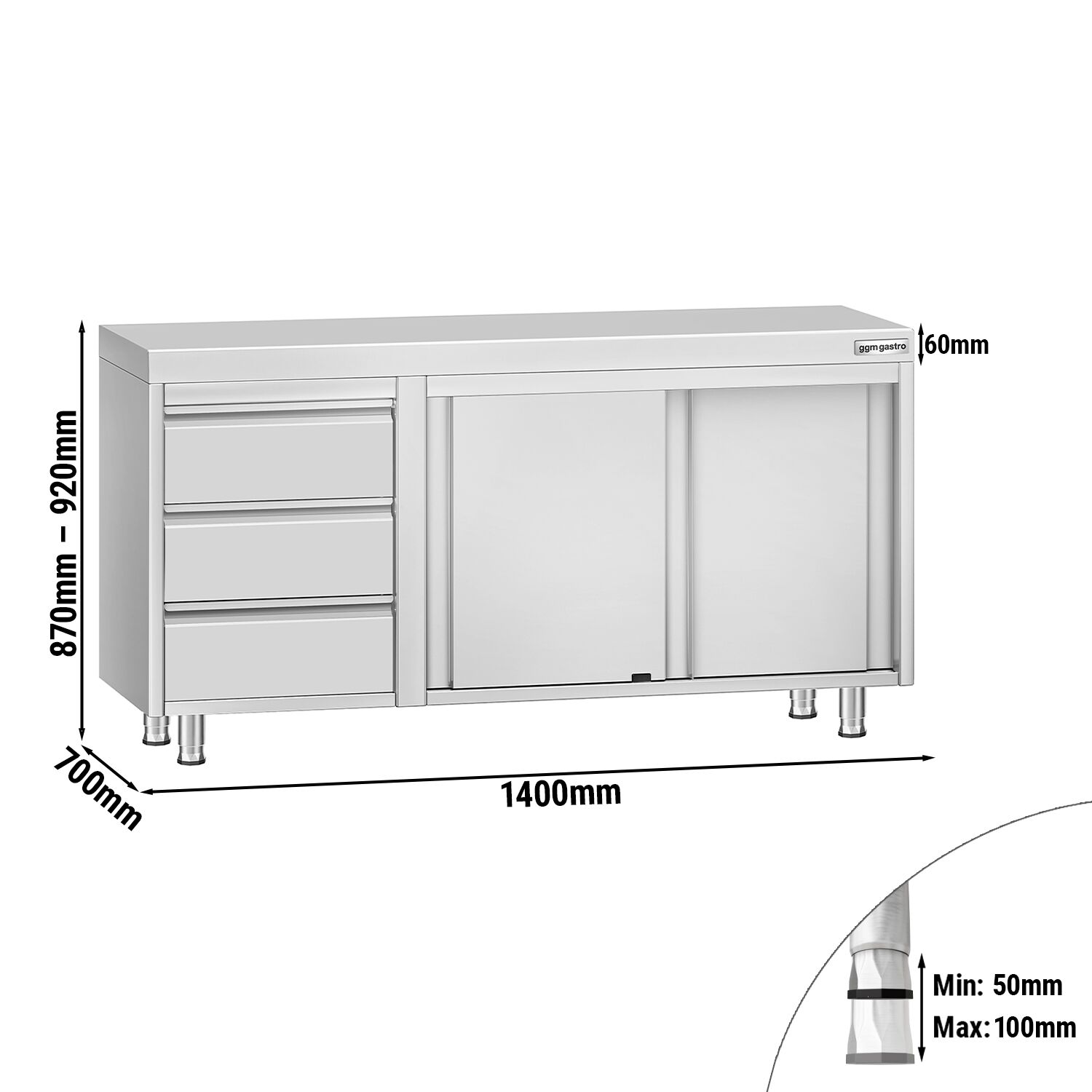 Table armoire en acier inoxydable ECO - 1400x700mm - avec portes coulissantes et 3 tiroirs à gauche