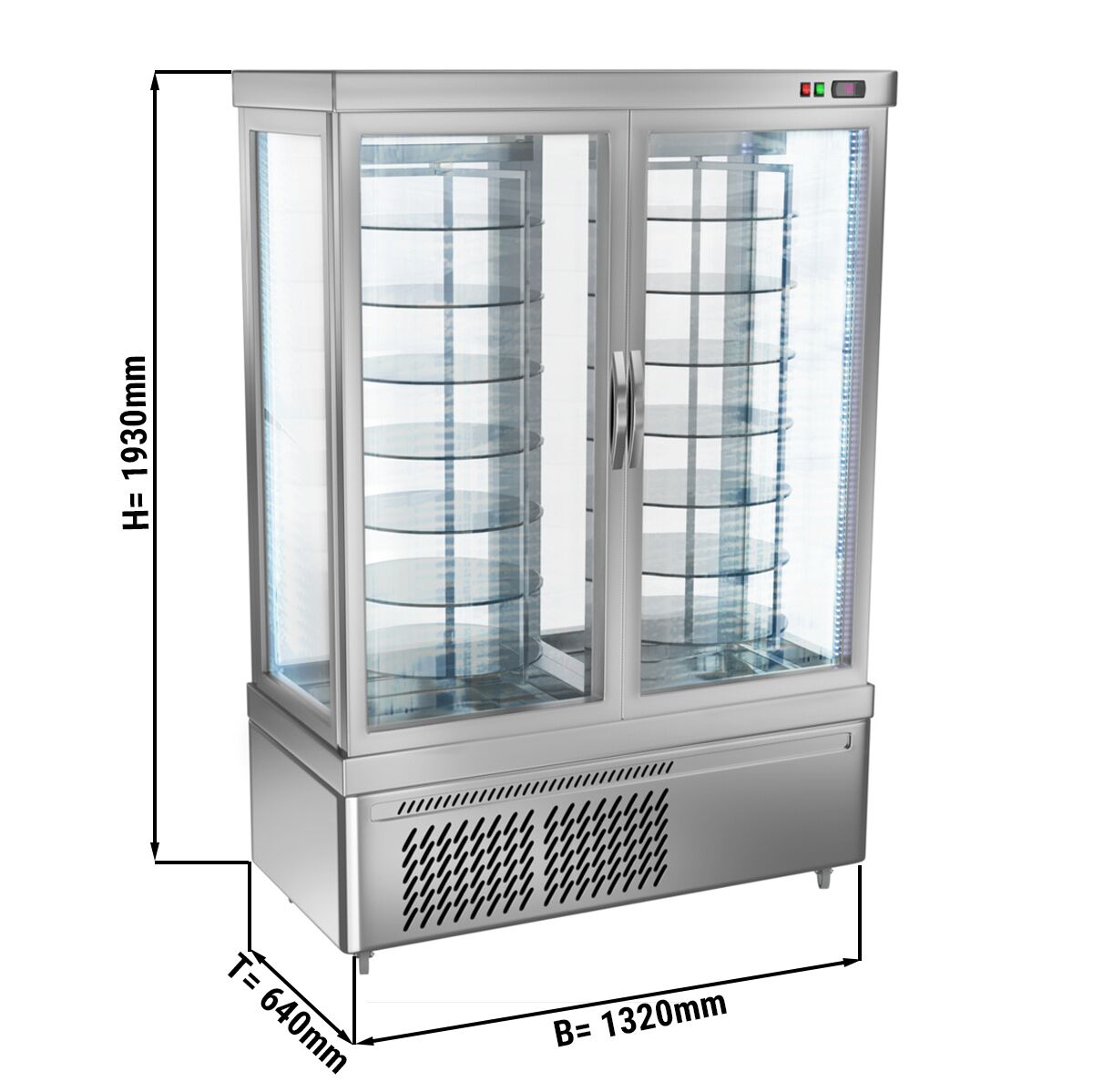 4-Sided Glass Display Fridge - 935L - 1320mm - with 14 rotating shelves - 2 doors - Silver