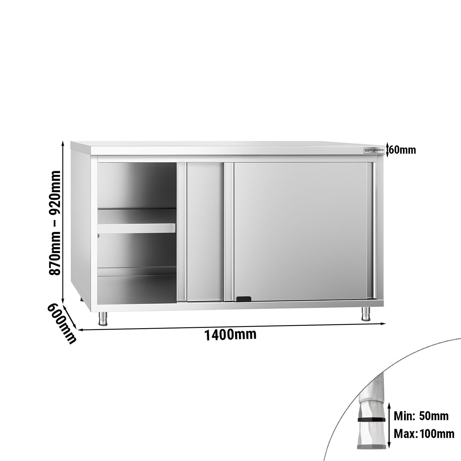 Ruostumattomasta teräksestä työkaappi PREMIUM - 1400x600 mm - 2 liukuovea