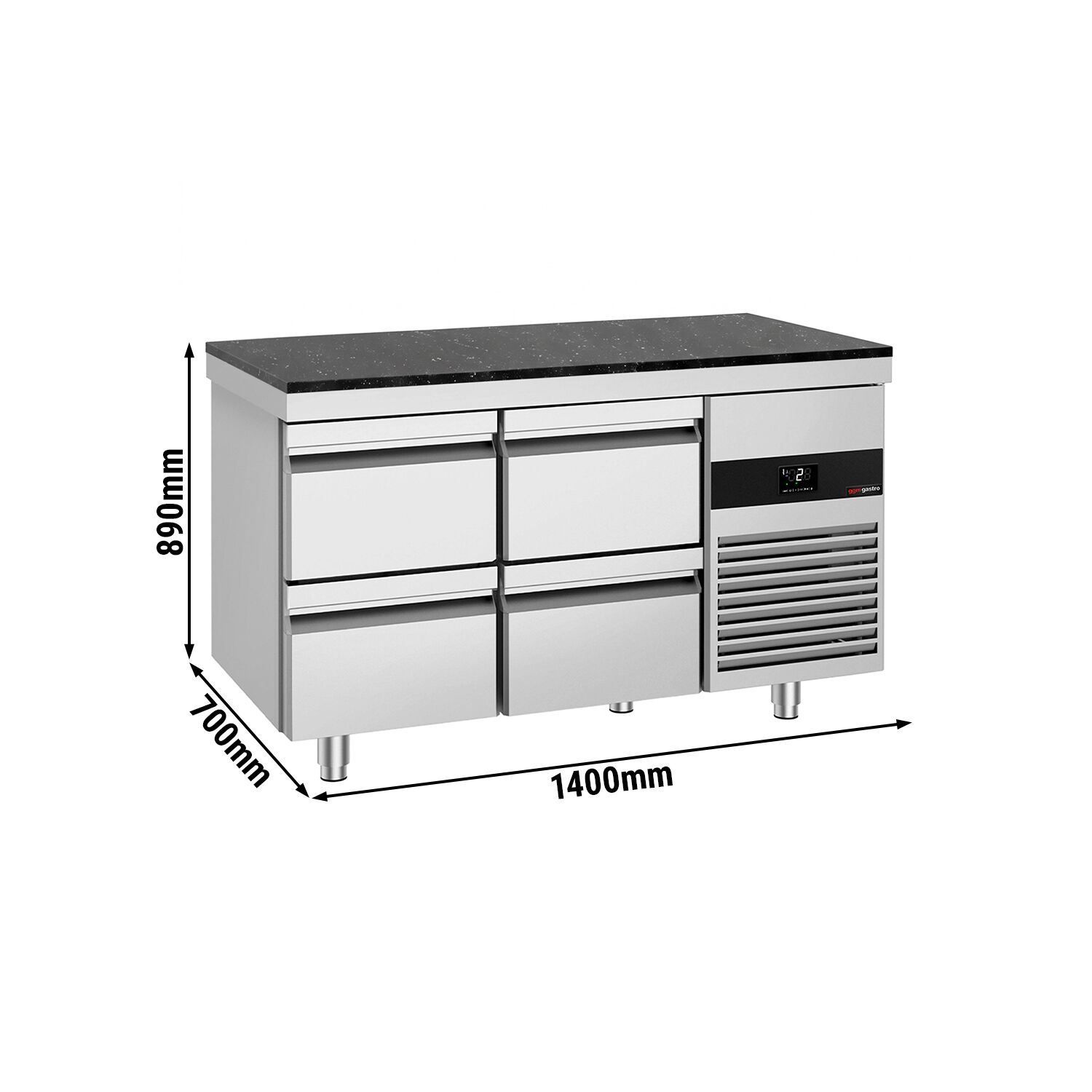PREMIUM Refrigerated Counter – 1400 × 700 mm – with 4 Drawers – incl. Granite Worktop