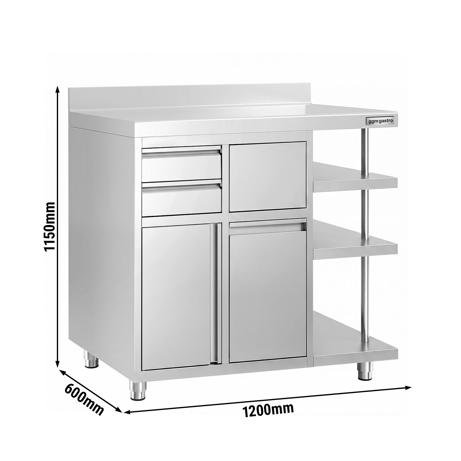 Arbetsskåp – för kaffebryggare – 1200 x 600 mm – med 1 svängdörr, 2 lådor, papperskorg, 3 hyllor och upphöjd kant