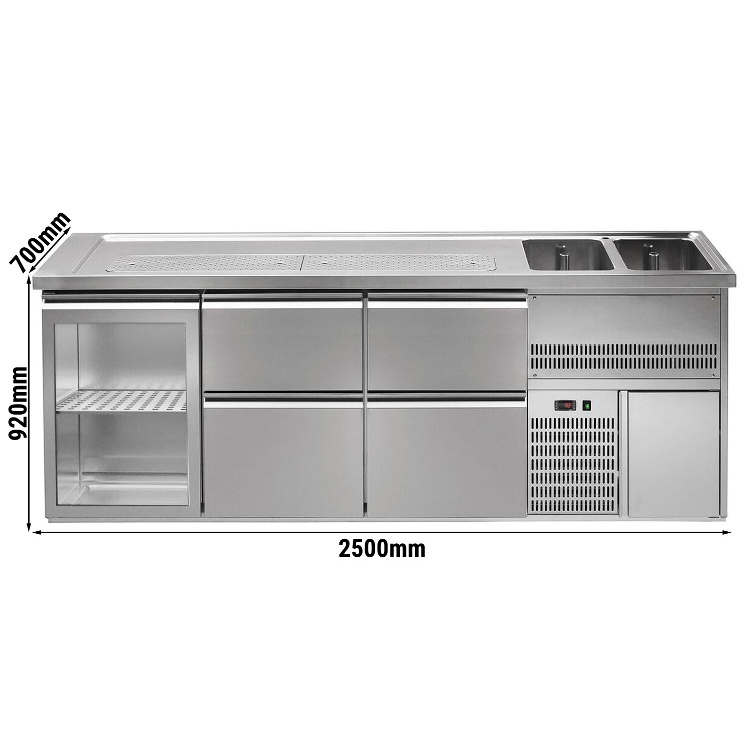 Comptoir de bar réfrigéré Premium PLUS - 2500x700mm - 1 porte vitrée & 4 tiroirs	
