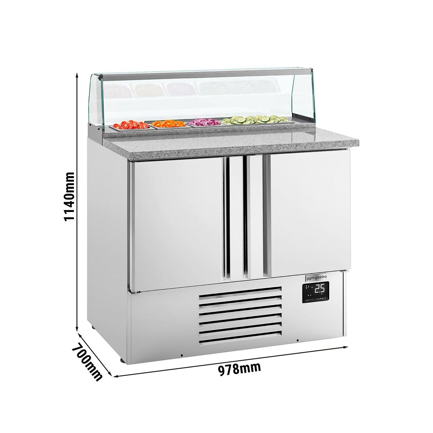 Saladette réfrigérée - 978mm - 230L - 2 portes - avec vitrine de comptoir pour 5x GN 1/6 & 1 étagère - plan de travail en granit noir