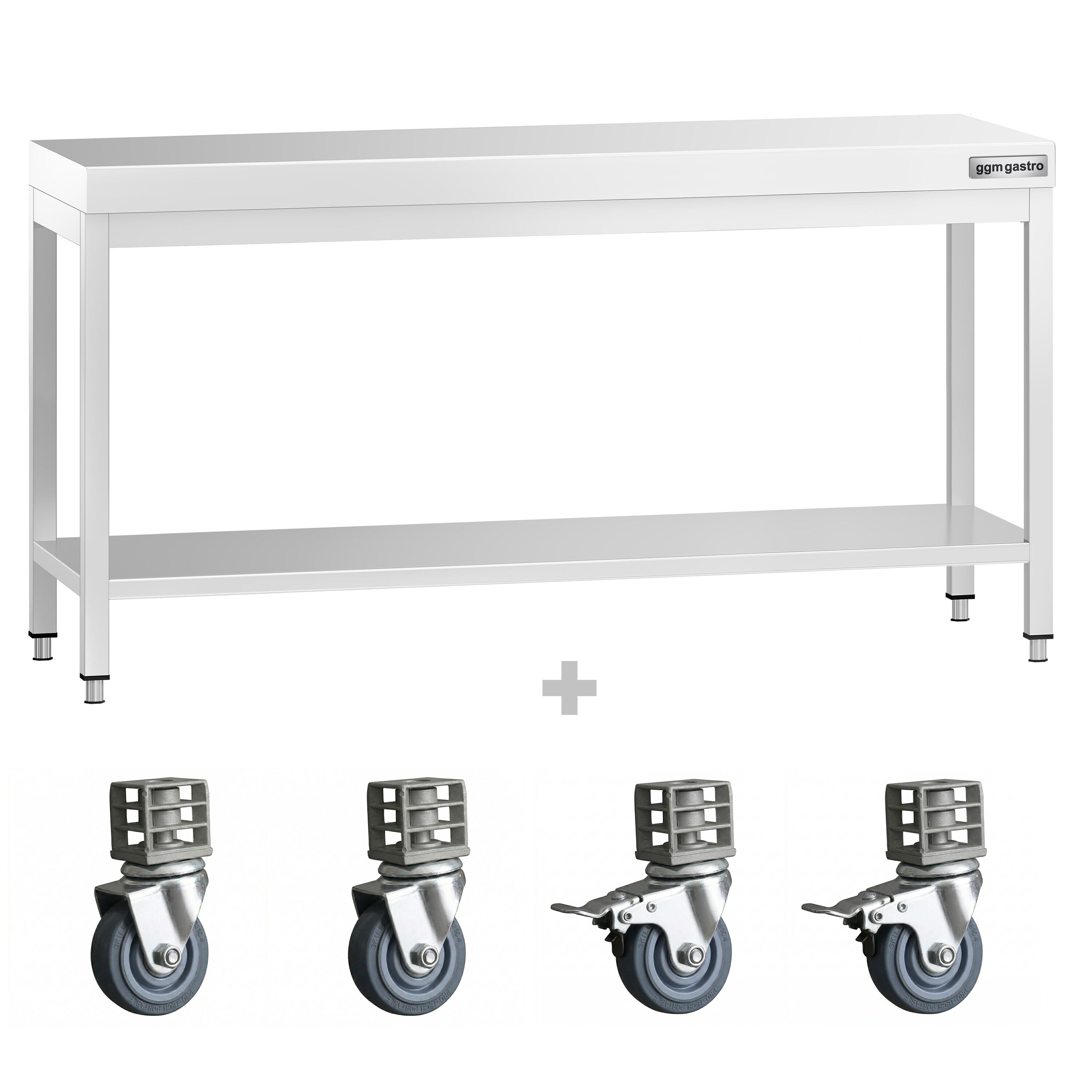 Table de travail en inox PREMIUM - 2000 x 600 mm - avec tablette inférieure et roulettes
