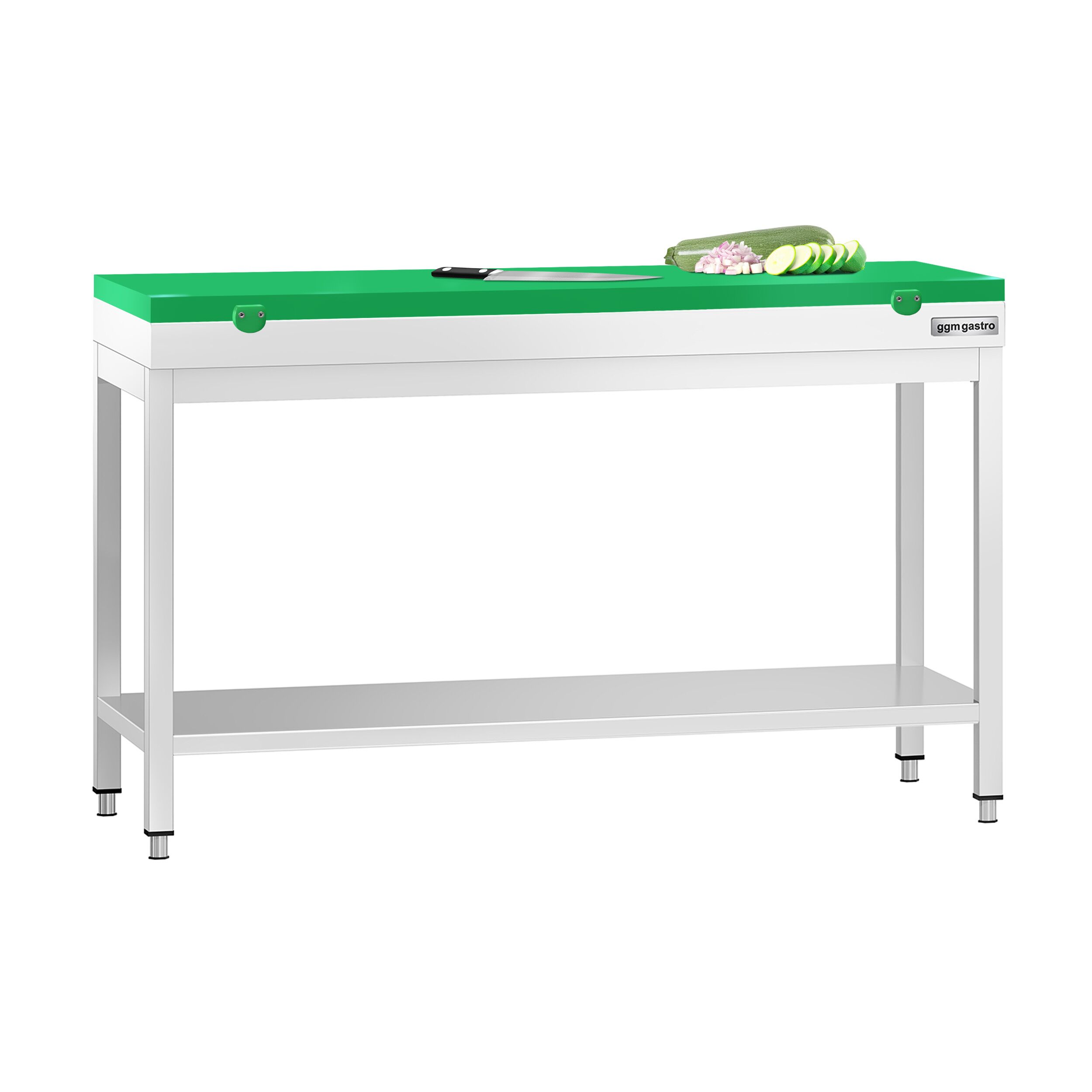 Table de travail inox PREMIUM - 1400 x 700 mm - avec tablette inférieure - incl. Planche à découper Verte