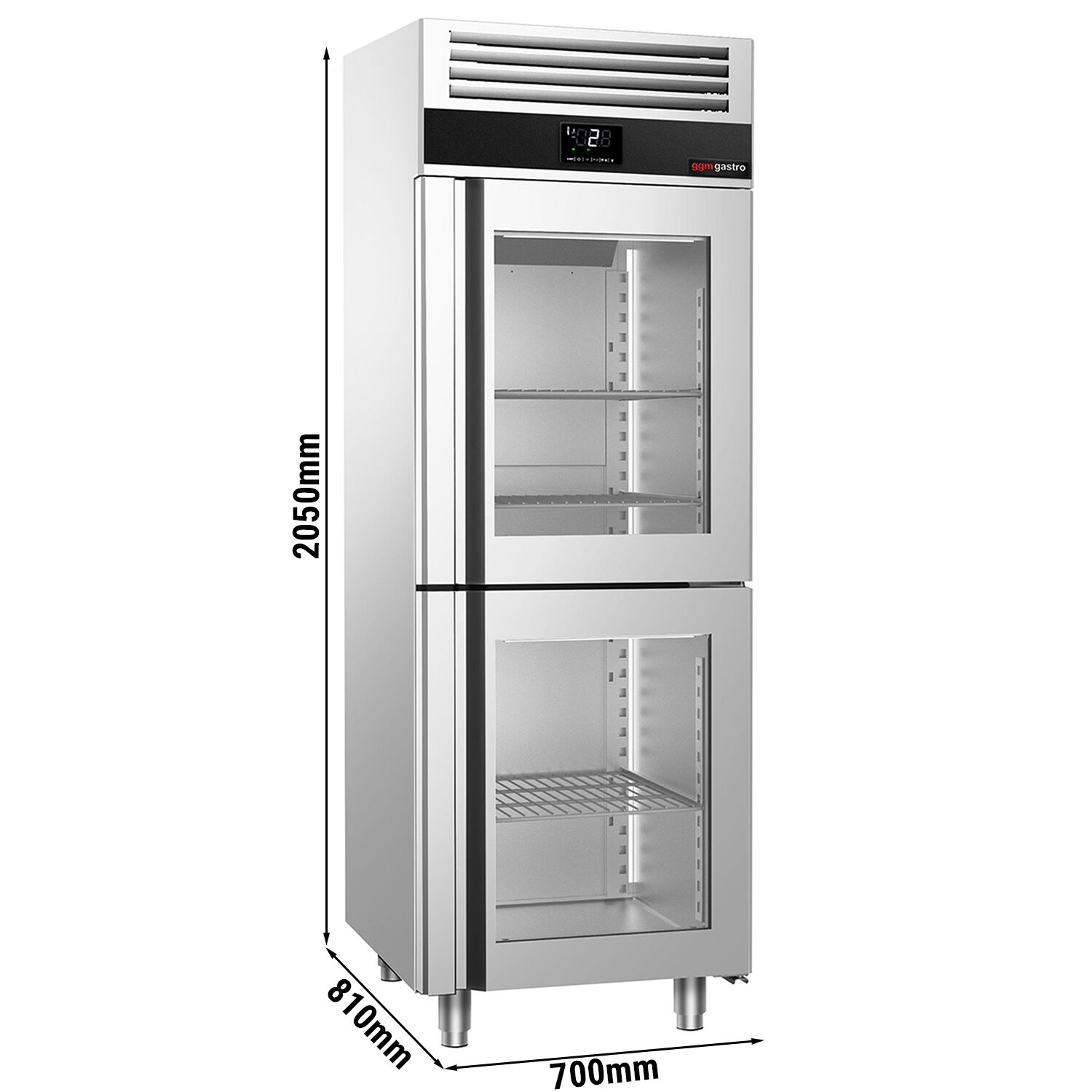 Armoire réfrigérée positive vitrée en inox AISI 304 PREMIUM - GN 2/1 - 700 L - avec 2 portes vitrées & Glissières & 3 grilles GN 2/1