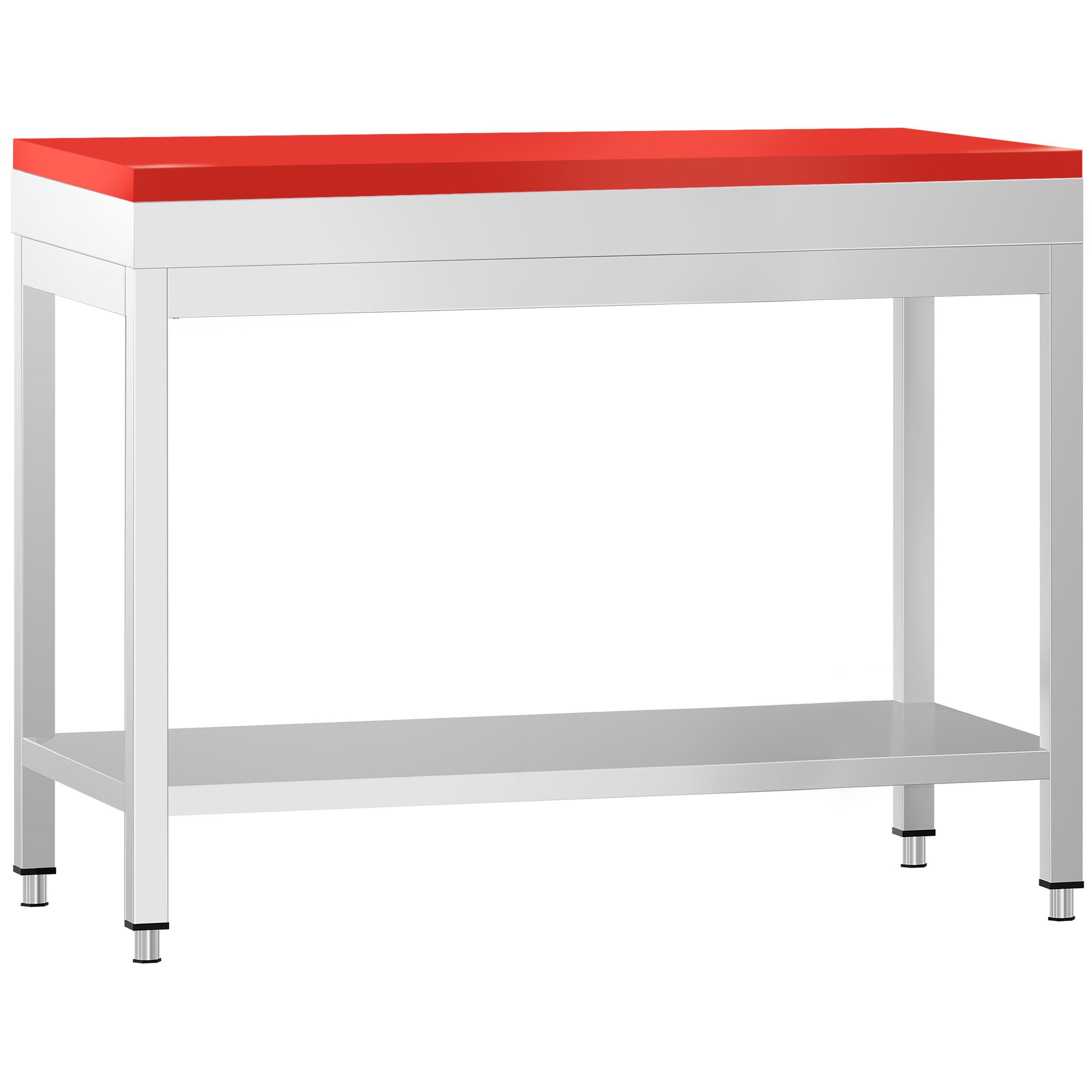 Stół roboczy centralny ze stali nierdzewnej PREMIUM - 800x700mm - z półką - z deską do krojenia Czerwony