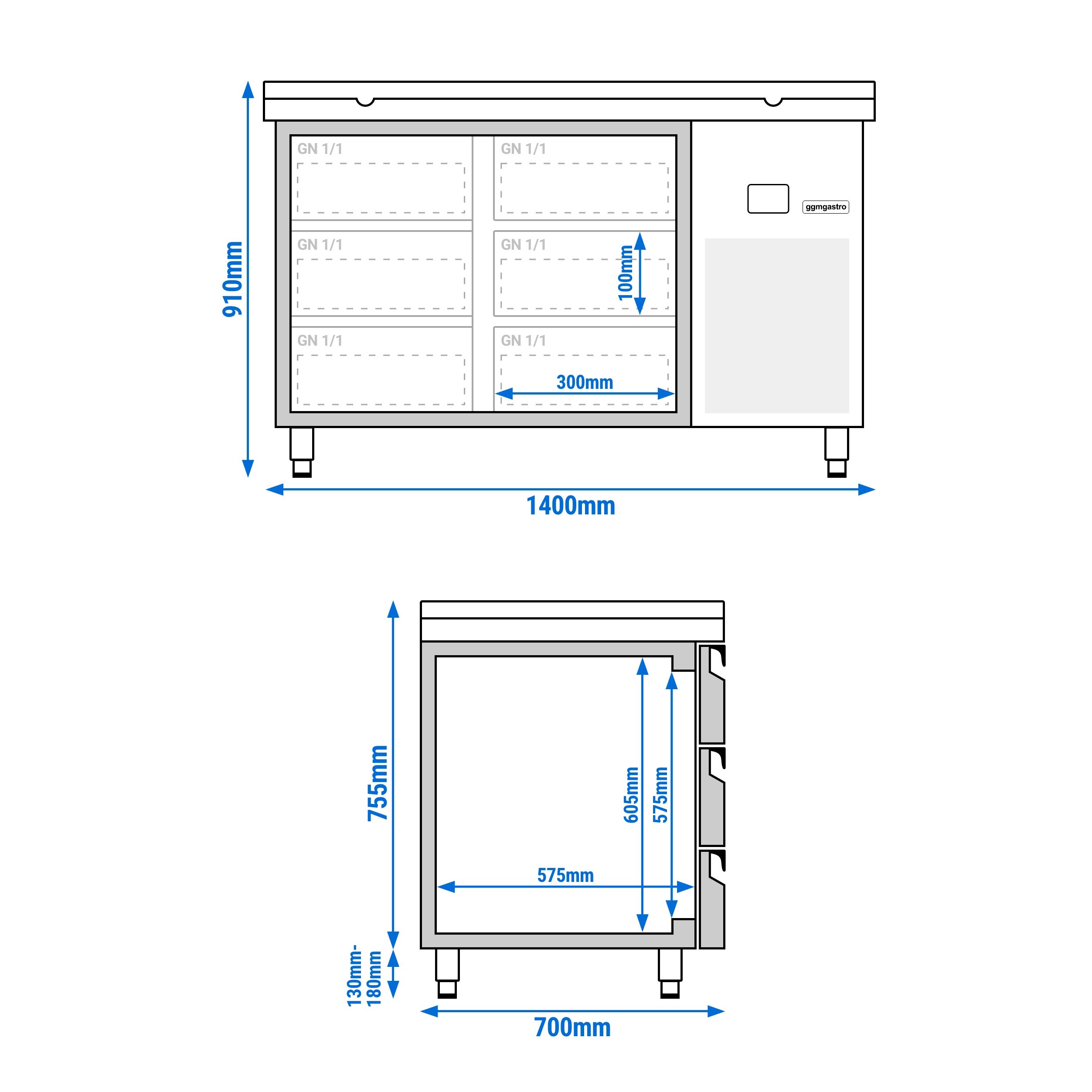 Table réfrigérée PREMIUM - 1400x700 mm - avec 6 tiroirs - incl. planche à découper blanche