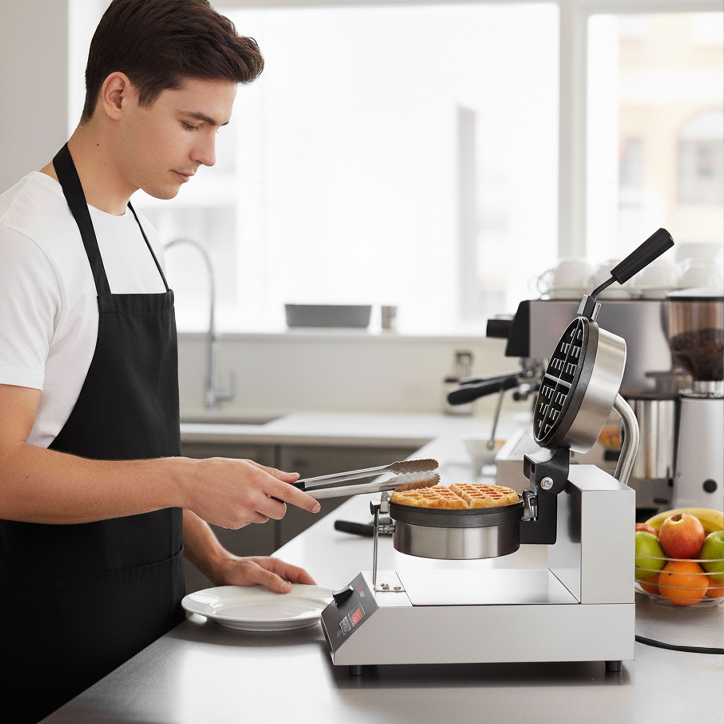 Gaufrier – simple – digital – 1,3 kW – Forme : rond – avec surface de cuisson rotative à 180° & affichage de la température