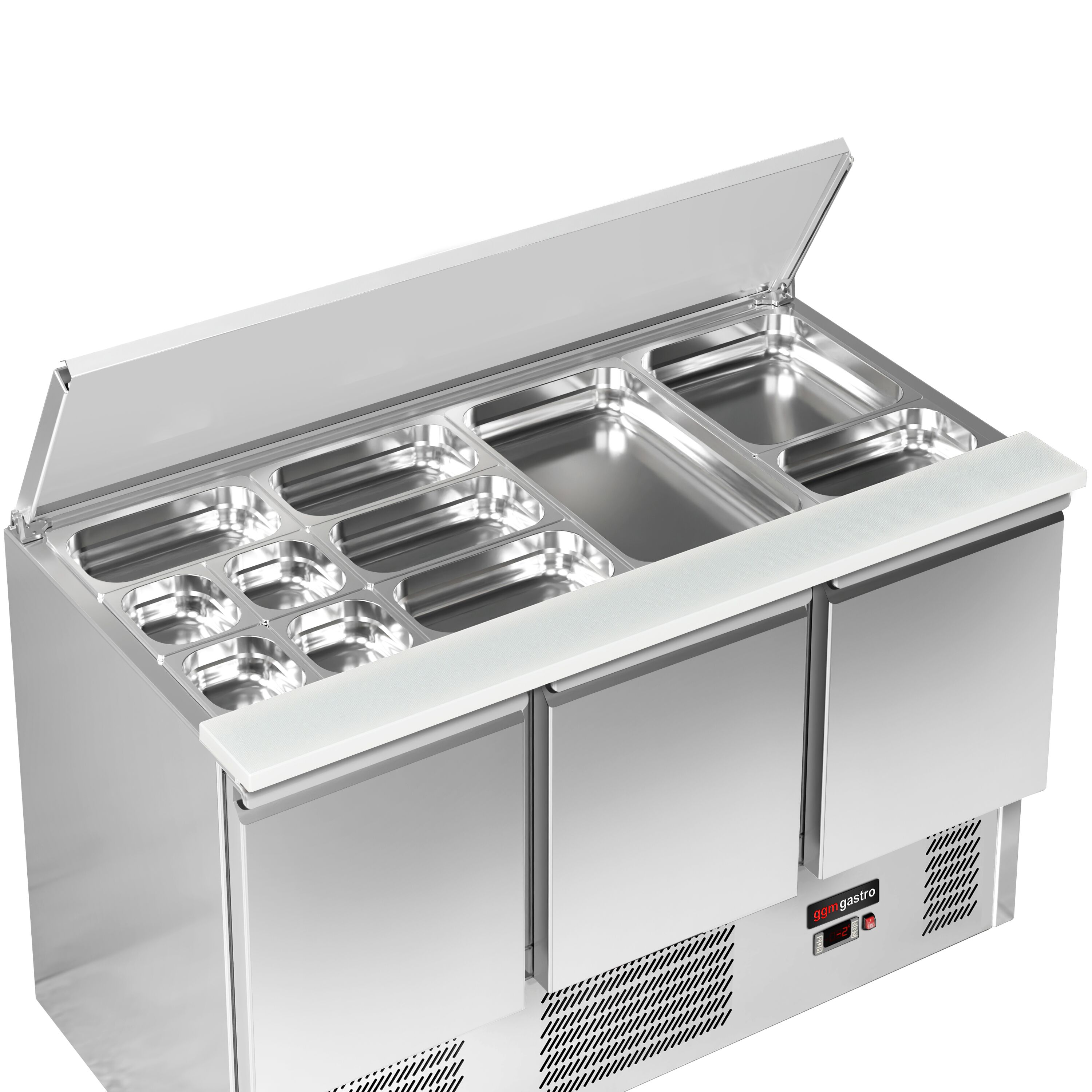 Saladette réfrigérée ECO - 1368mm - 368L - façade noire - 3 portes - avec découpe pour 4x GN 1/1 & Couvercle inox