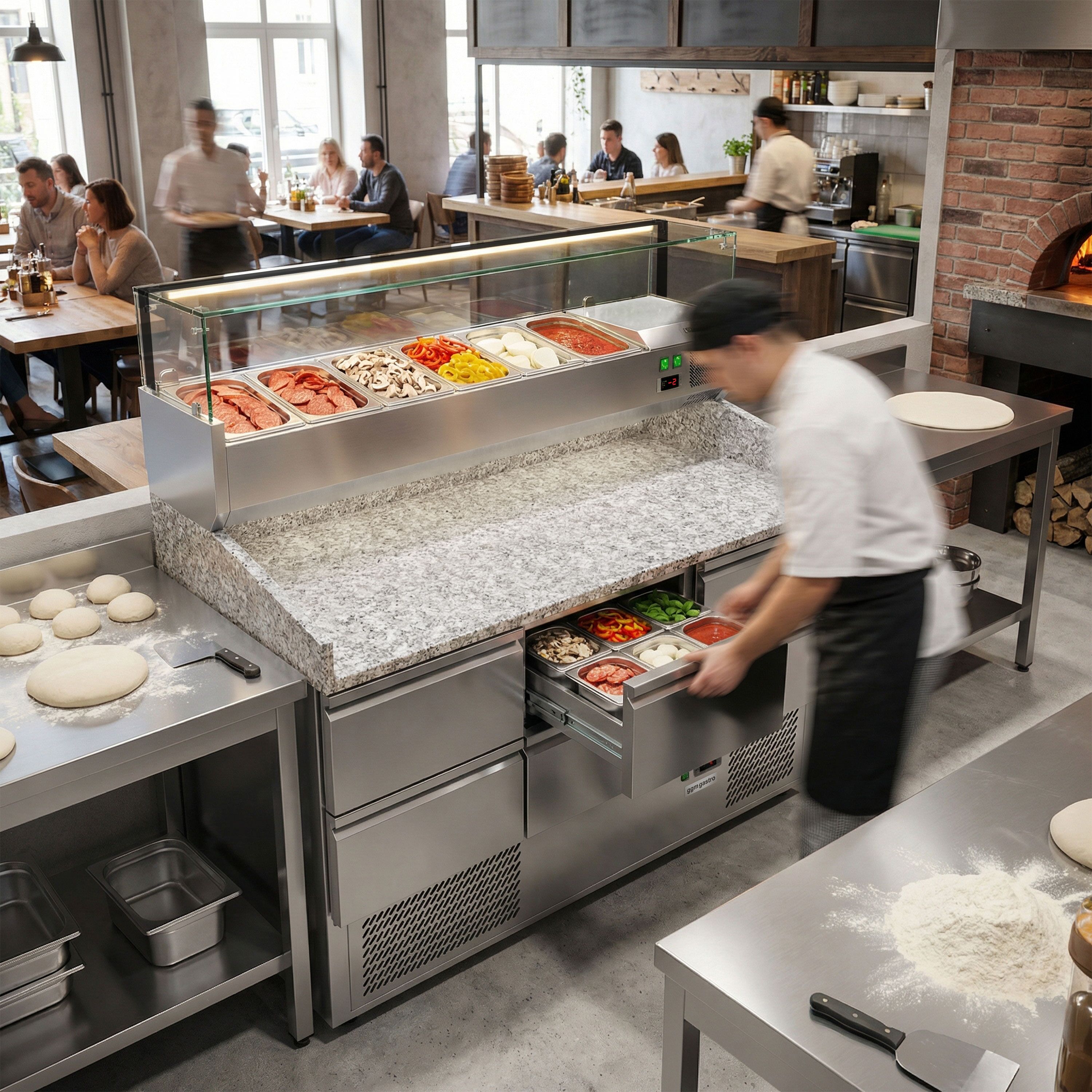 Table réfrigérée à pizza ECO - 1400 x 700 mm - avec 6 tiroirs 1/2 - incl. vitrine réfrigérée 6 x GN 1/4