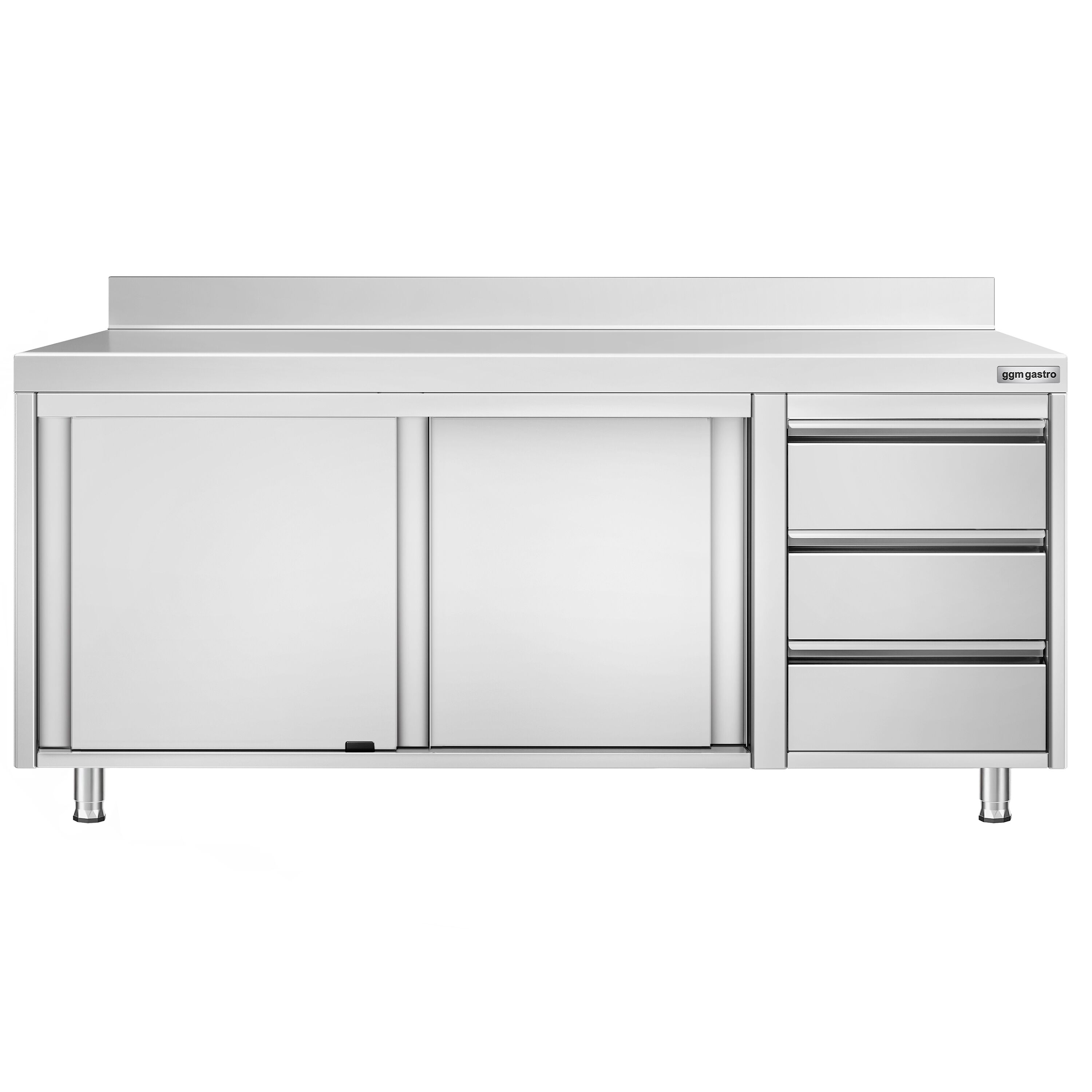 Table armoire en acier inoxydable PREMIUM - 2000x600mm - avec portes coulissantes et 3 tiroirs à droite - avec dosseret