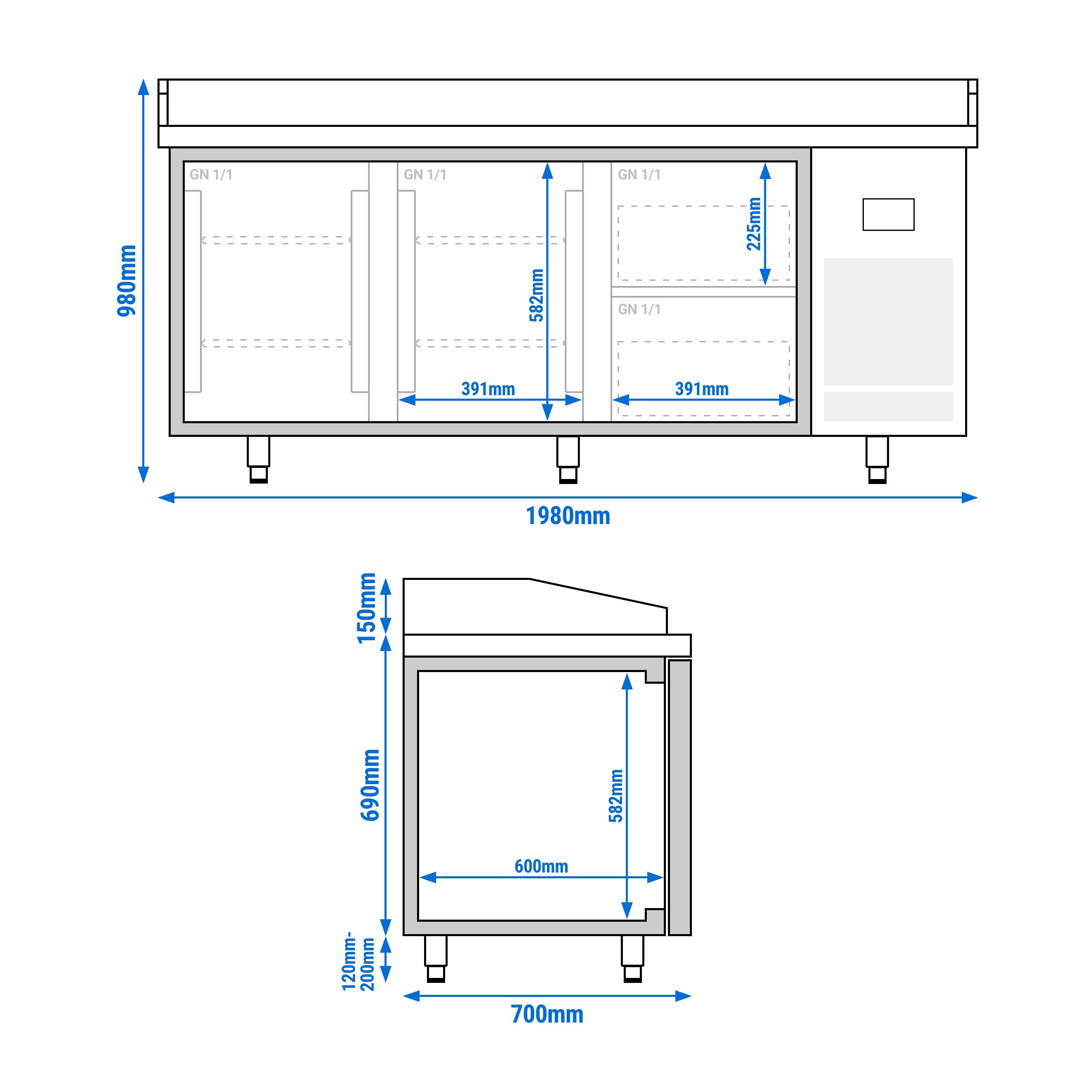 Table réfrigérée à pizza Premium PLUS - 1980 x 700 mm - avec 1 porte et 4 tiroirs