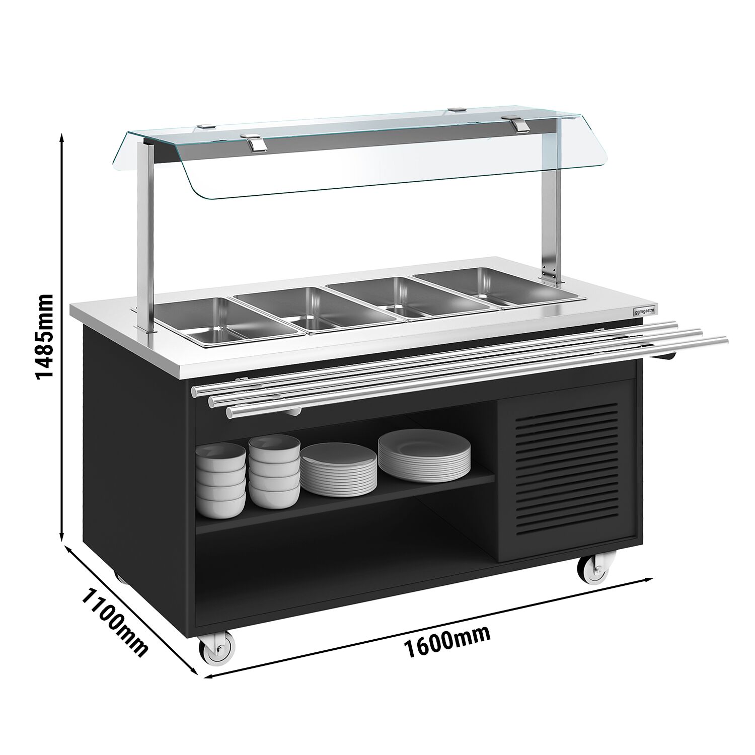 Buffet réfrigéré DANZIG - 1600mm - 4 bacs GN 1/1 - avec Glissière pour plateaux - Noir