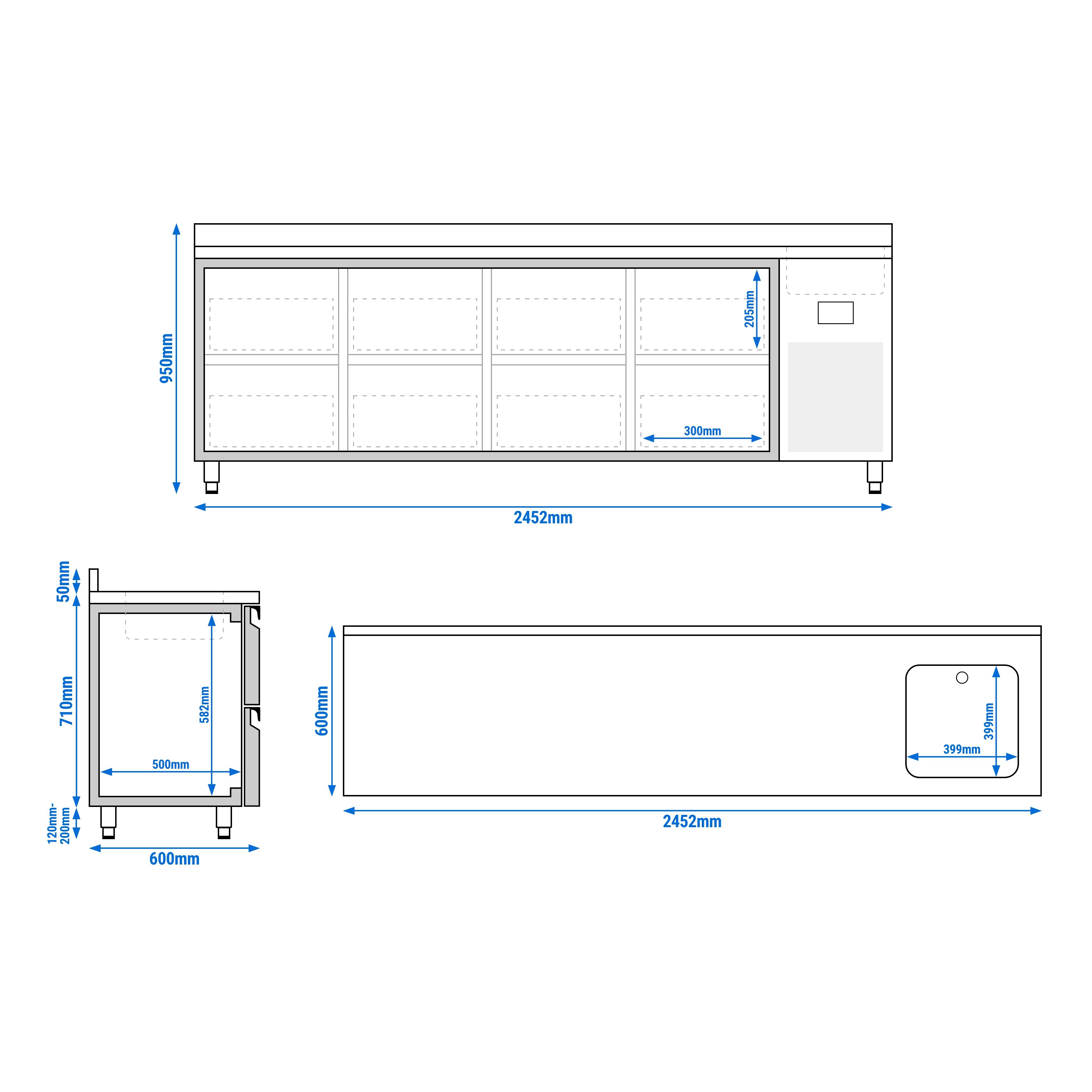 Koelwerkbank PREMIUM PLUS - 2452x600mm - 510 liter - met 8 lades - opstand - met spoelbak