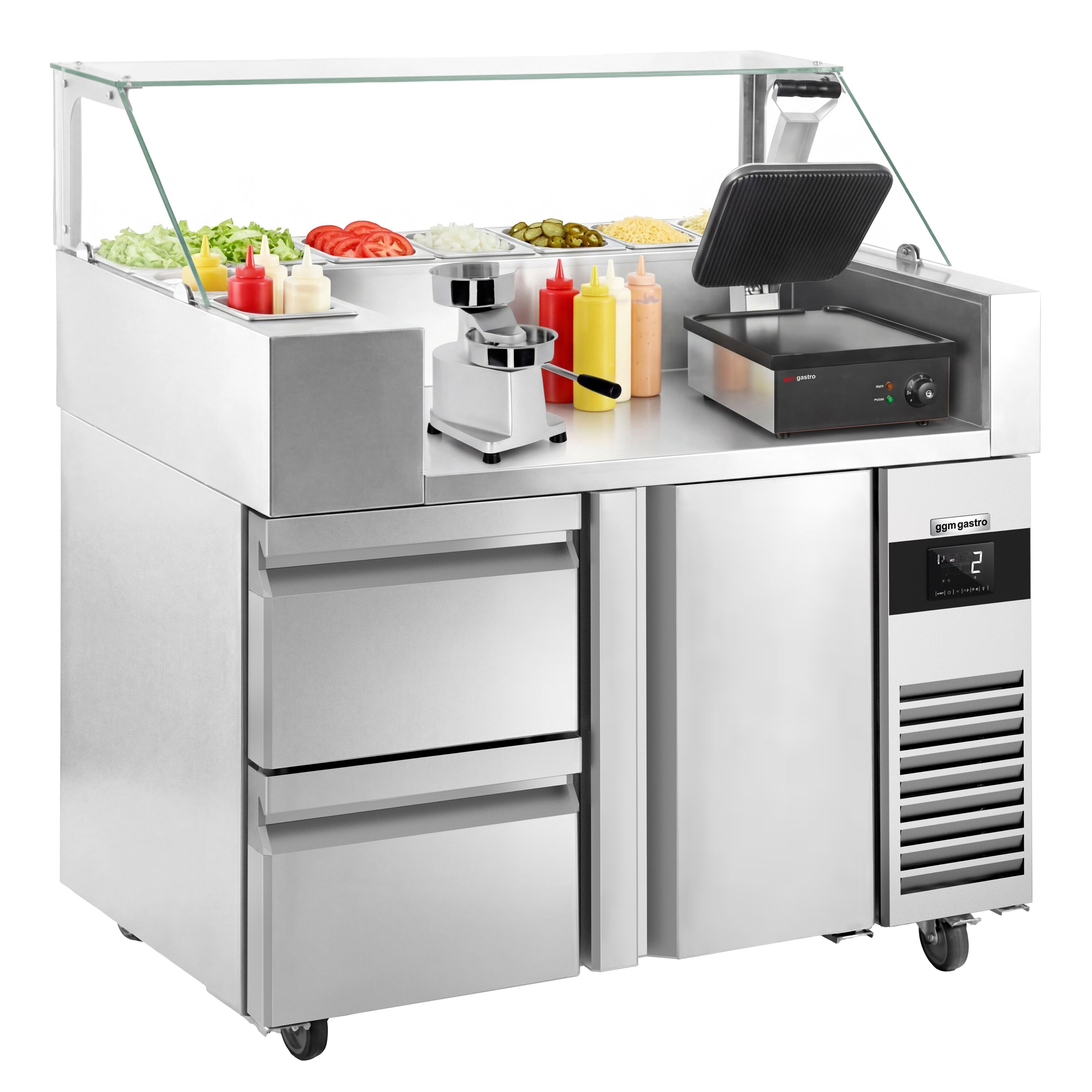 Table de préparation – 1210 mm – 1 porte & 2 tiroirs – pour 9 bacs GN 1/6 – incl. grill de contact & machine à hamburgers