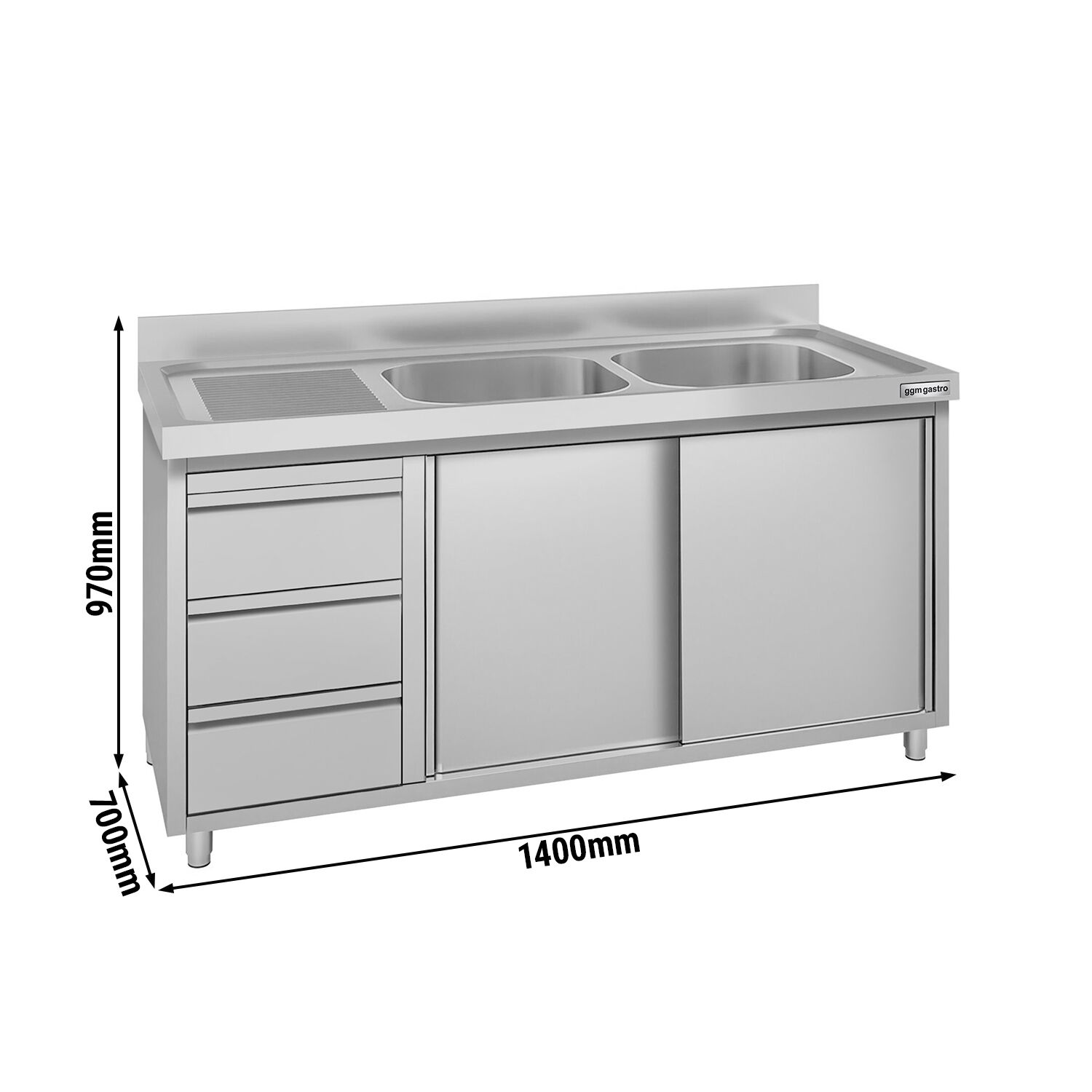 Meuble évier ECO - 1400 x 700 mm - avec 3 tiroirs & 2 bacs à droite