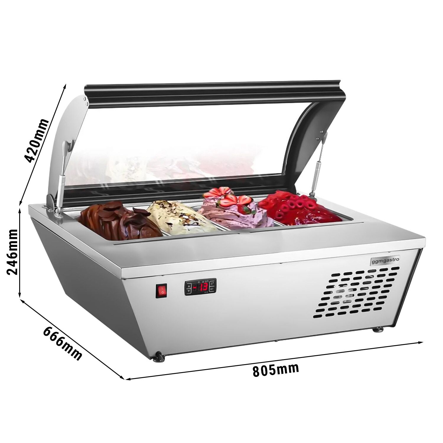 Vetrina gelato da banco - 805 mm - per 4 contenitori per gelato da 5 L - coperchio a cupola