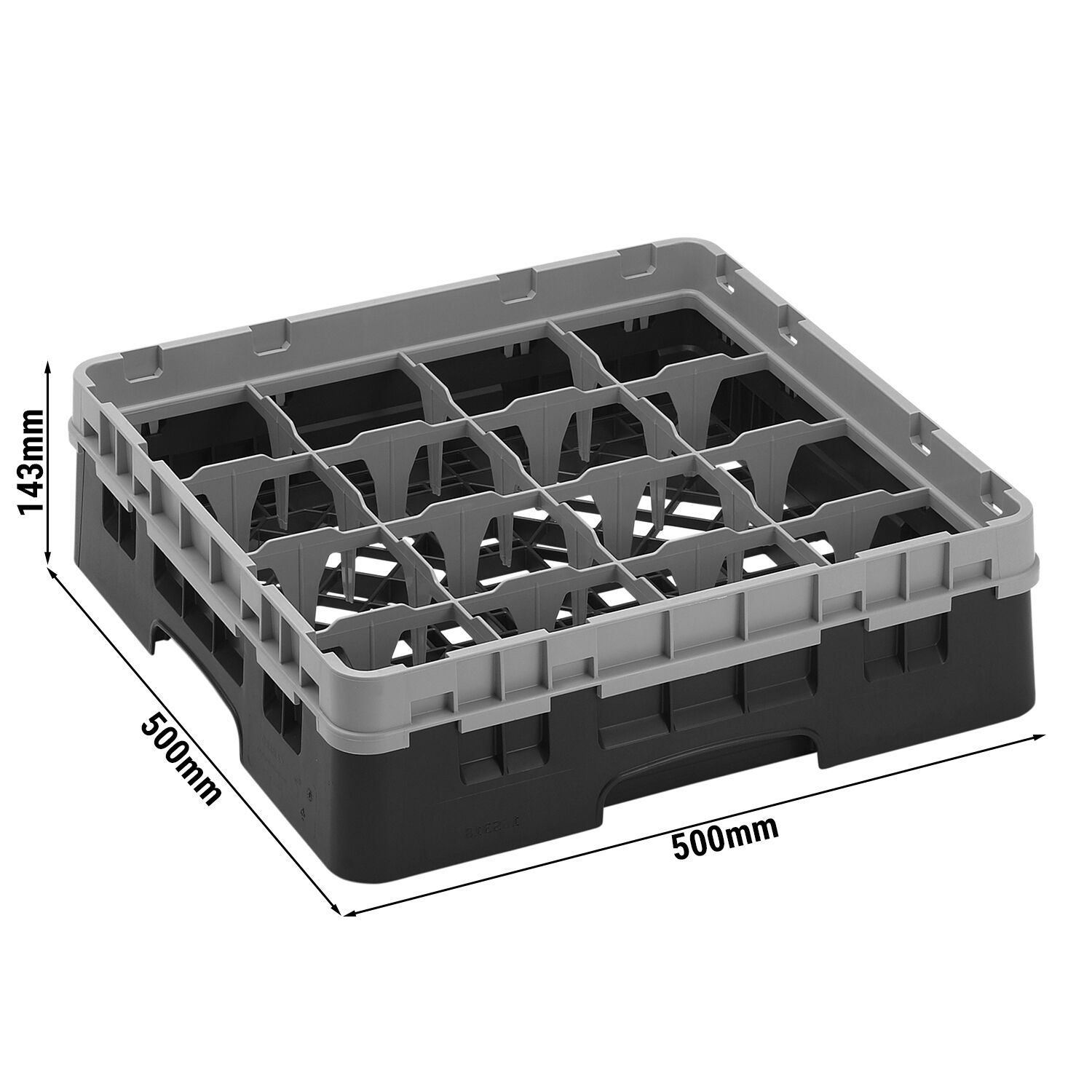 CAMBRO | CAMRACK® - Glazenwasmand 1/1 - 16 vakken - met 1 verlengstuk - 500x500mm - Zwart