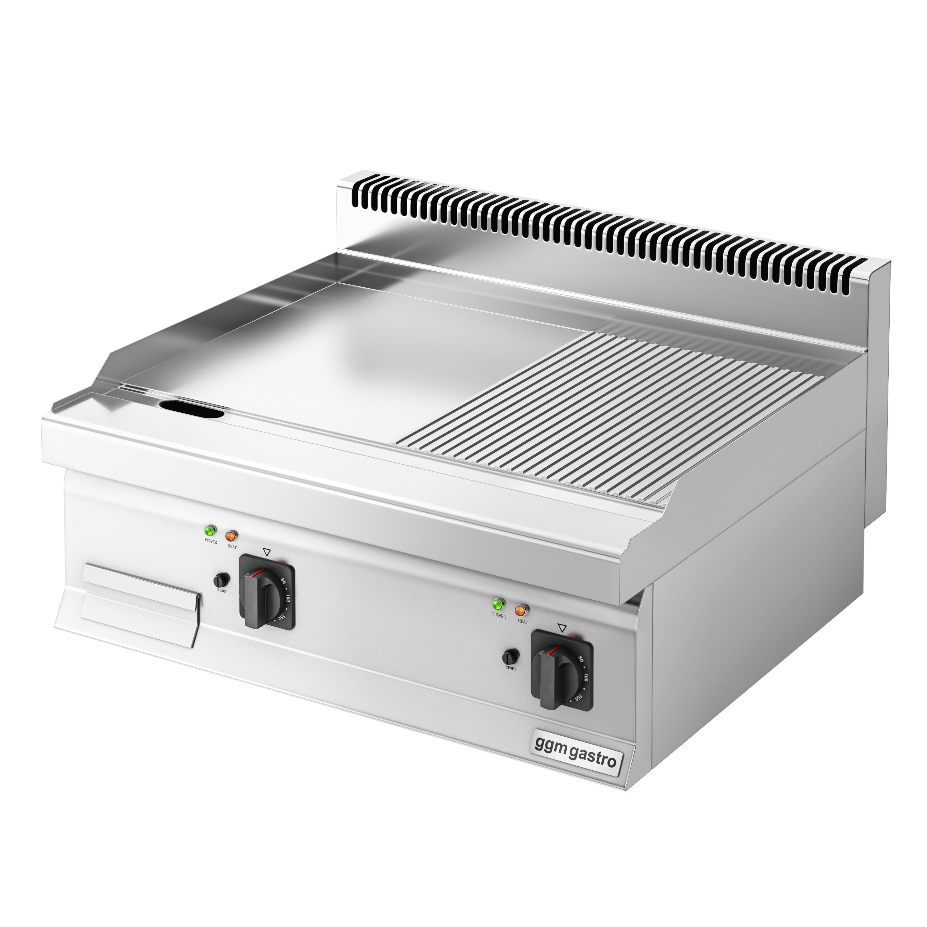 Plancha électrique - plaque acier - 2 zones - 7,10 kW - 1/2 lisse, 1/2 rainurée - Surface de cuisson : 800x700mm