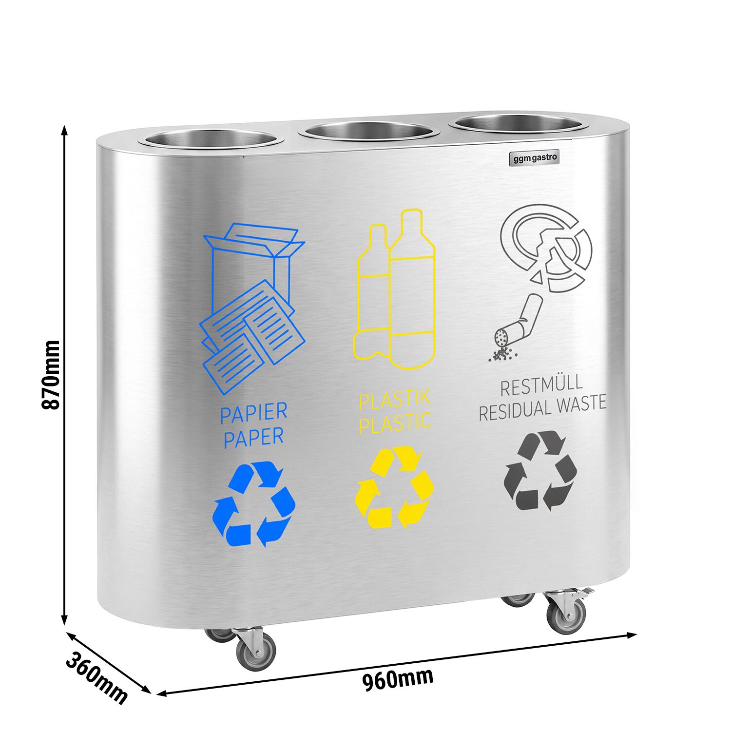 Waste sorting system – 3 bins, 30 litres each – stainless steel