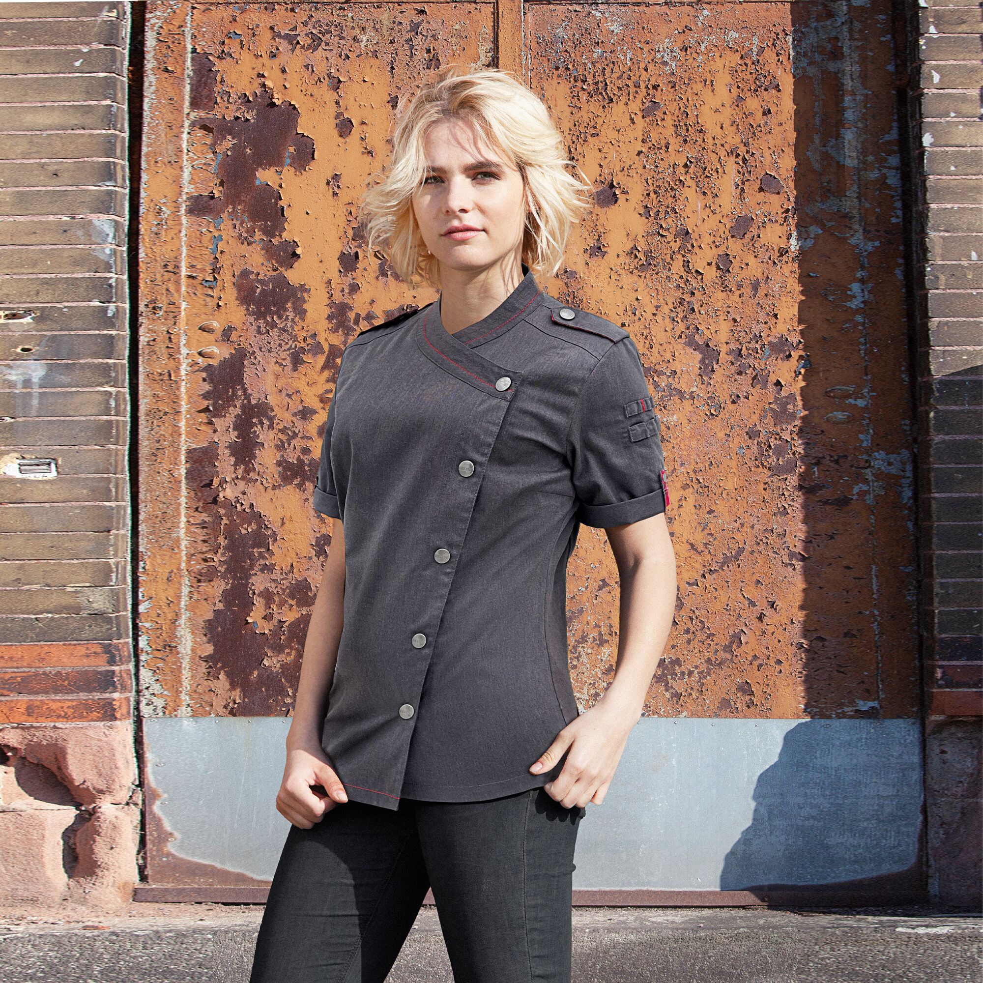 KARLOWSKY | Veste de cuisine à manches courtes pour femmes - Style denim ROCK CHEF®-Stage2 - Taille : 34
