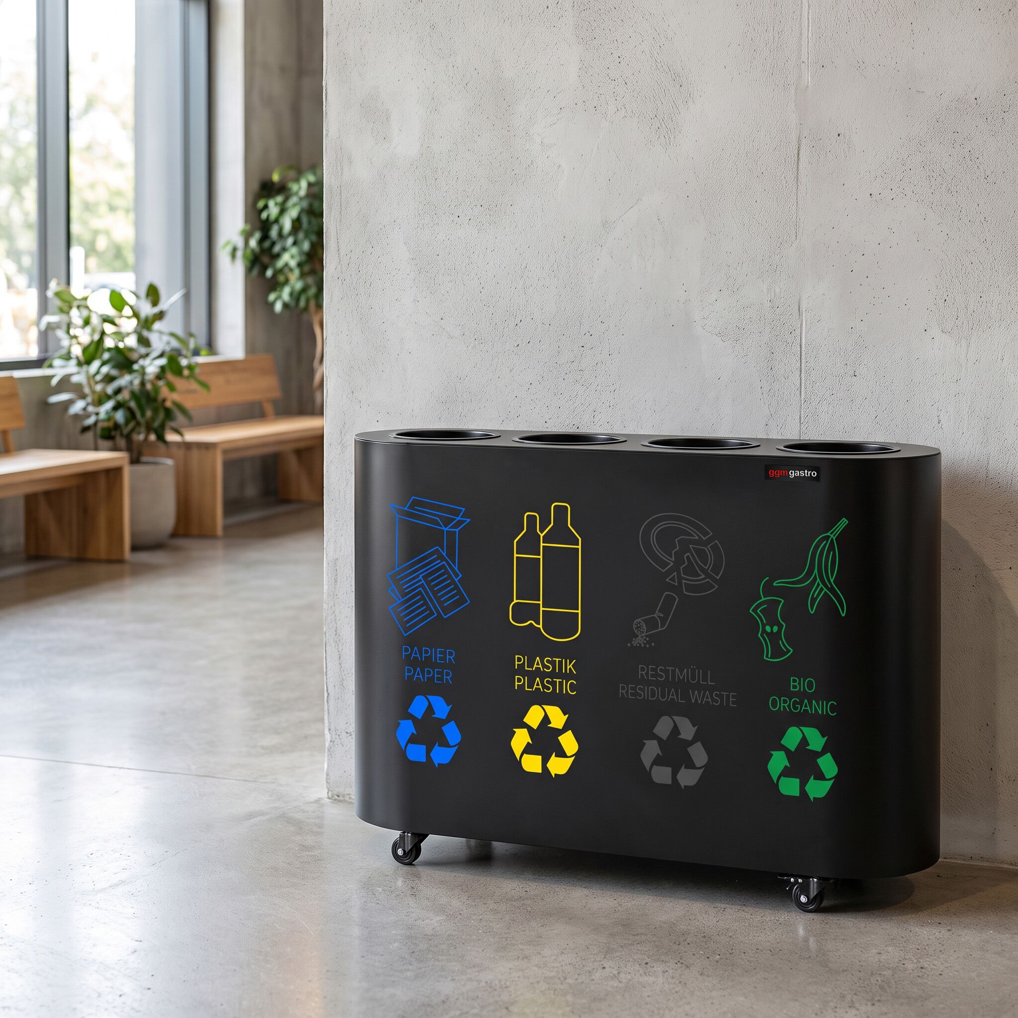 Waste sorting system – 4 bins, 30 litres each – Black
