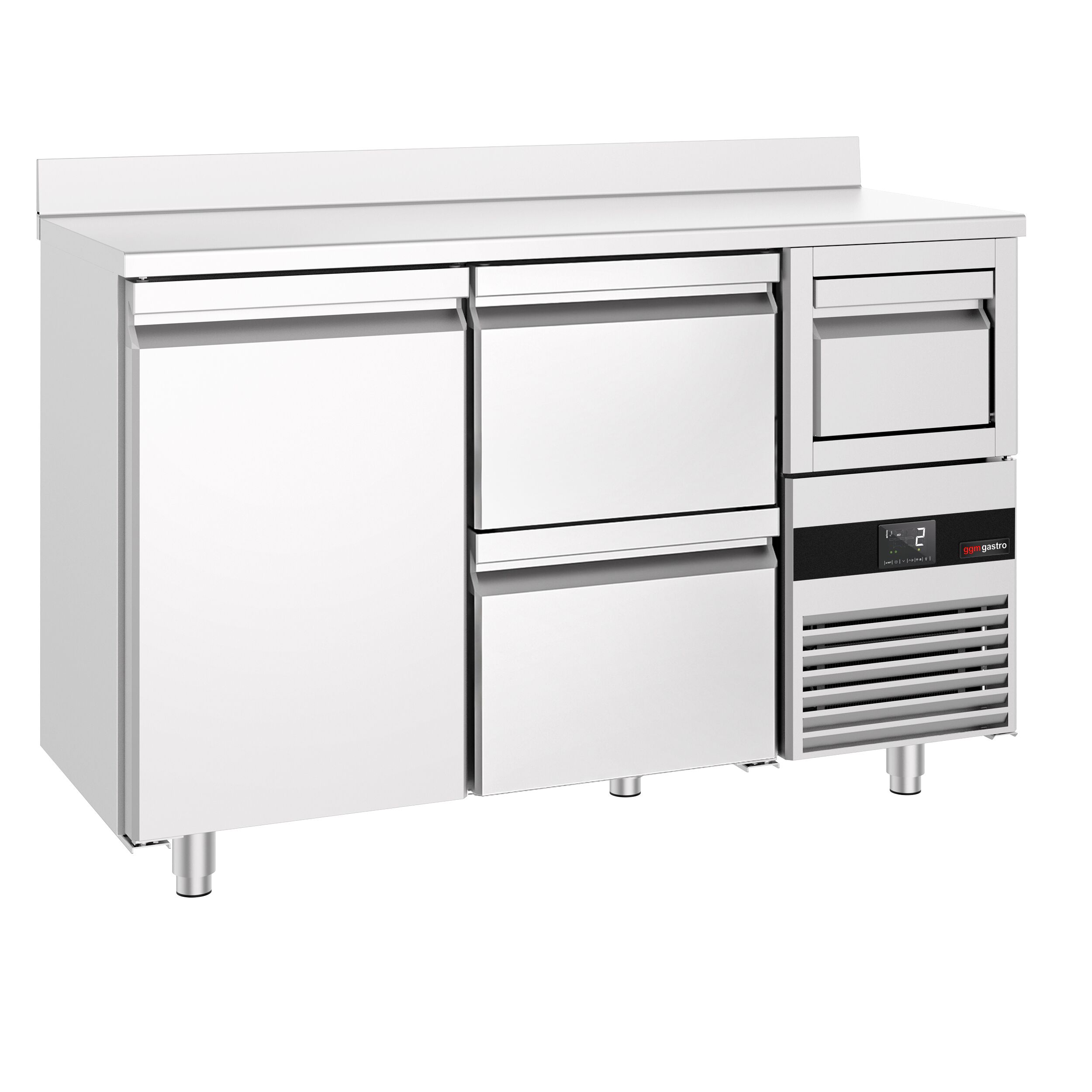 Arrière-bar réfrigéré professionnel  PREMIUM - 1580 x 600 mm - avec 1 porte et 2 tiroirs - avec dosseret - avec tiroir à marc de café