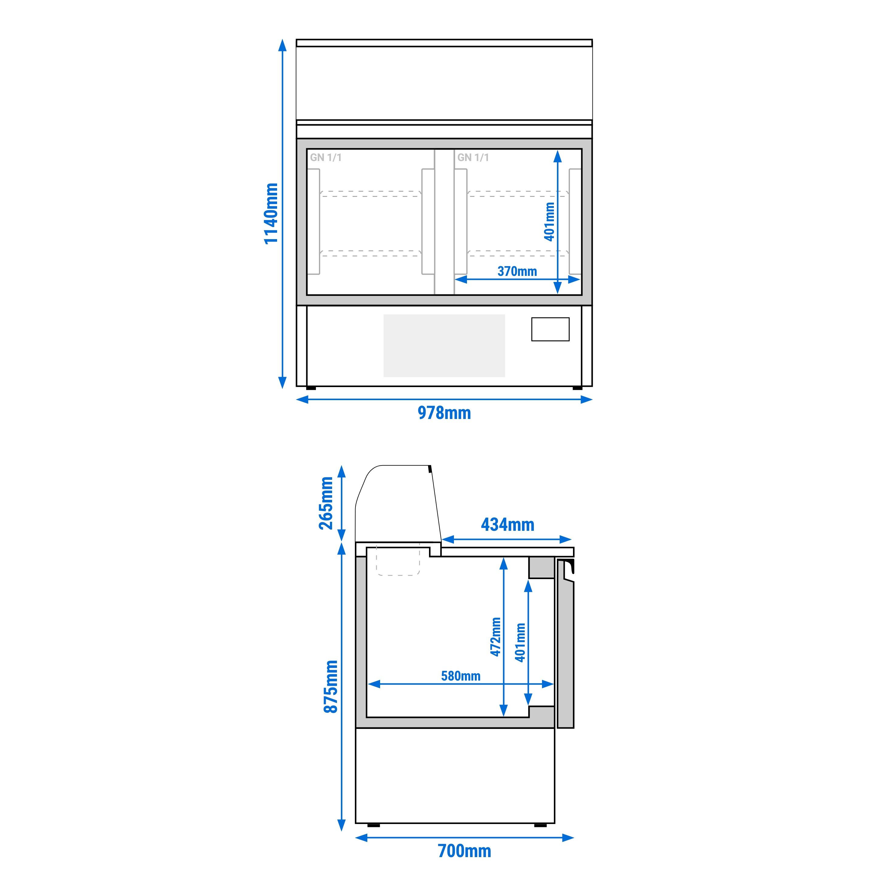 Saladette réfrigérée - 978mm - 230L - 2 portes - avec vitrine de comptoir pour 5x GN 1/6 & 1 étagère - plan de travail en granit noir