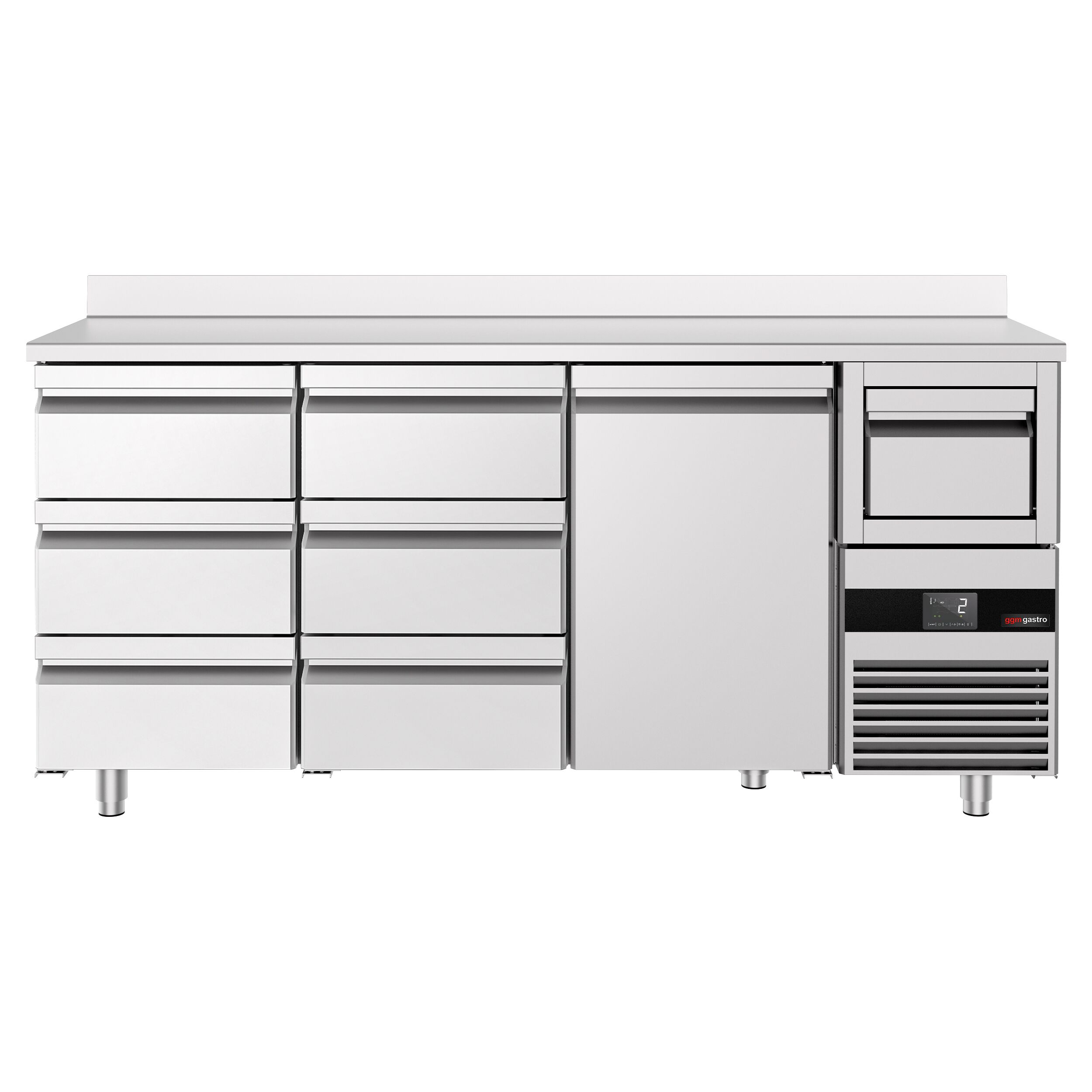 Arrière-bar réfrigéré professionnel  PREMIUM - 2130 x 600 mm - avec 1 porte et 6 tiroirs - avec dosseret - avec tiroir à marc de café