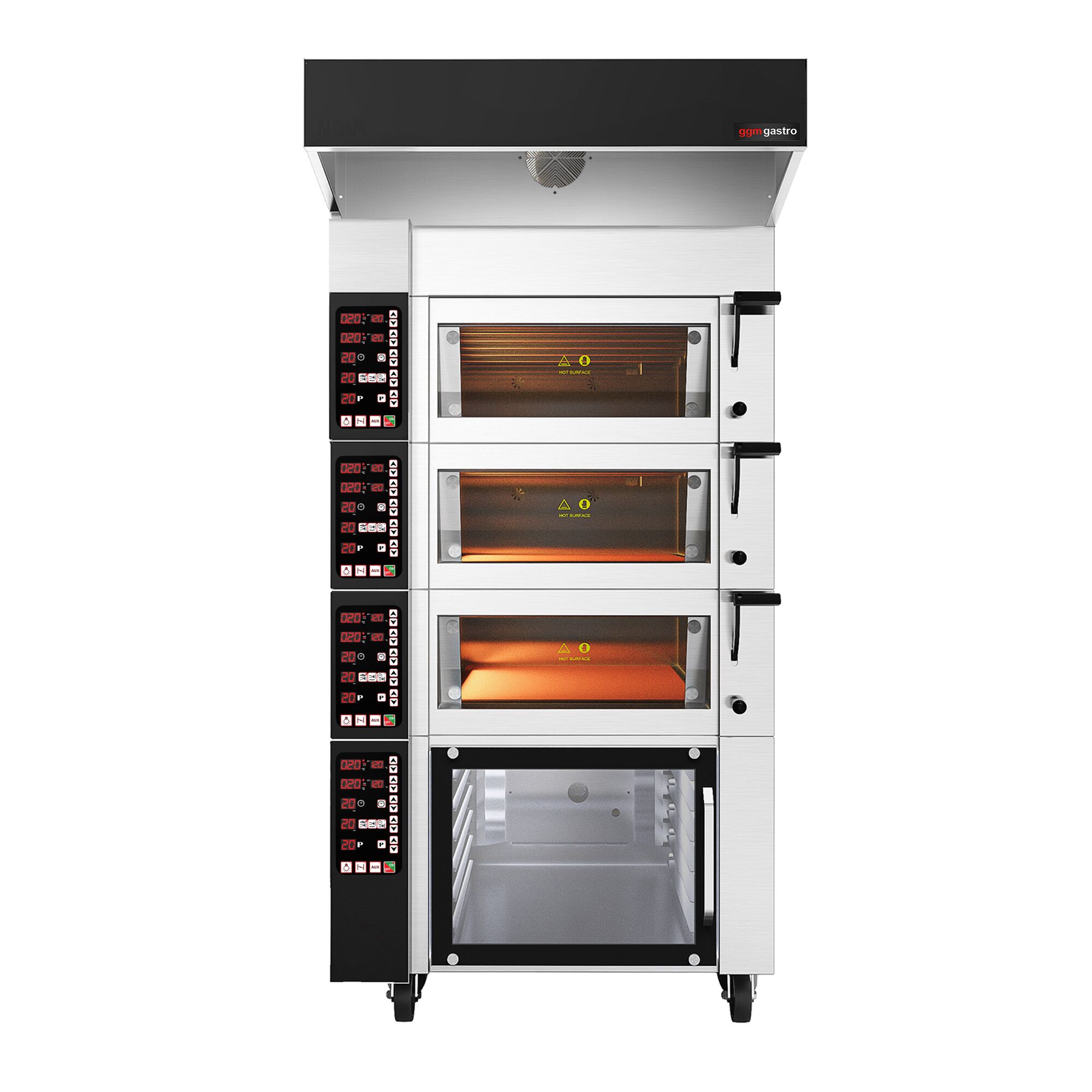 Four à étages de boulangerie avec fonction vapeur - numérique - 3 chambres de cuisson - avec hotte et chambre de fermentation 12 x EN 600 x 400