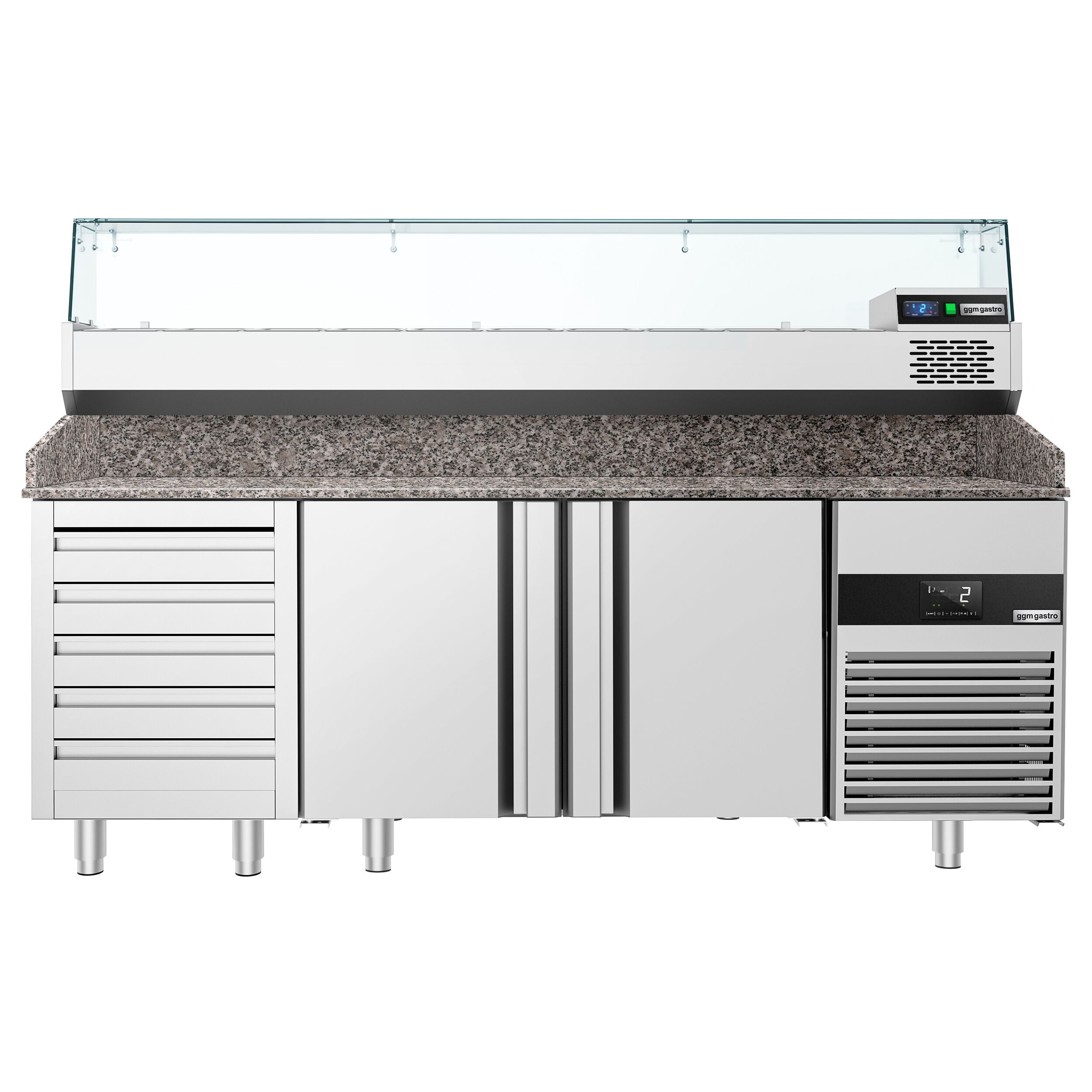 Table réfrigérée à pizza PREMIUM - 2100x800 mm - avec 2 portes & 5 tiroirs - incl. vitrine réfrigérée - 10x GN 1/3