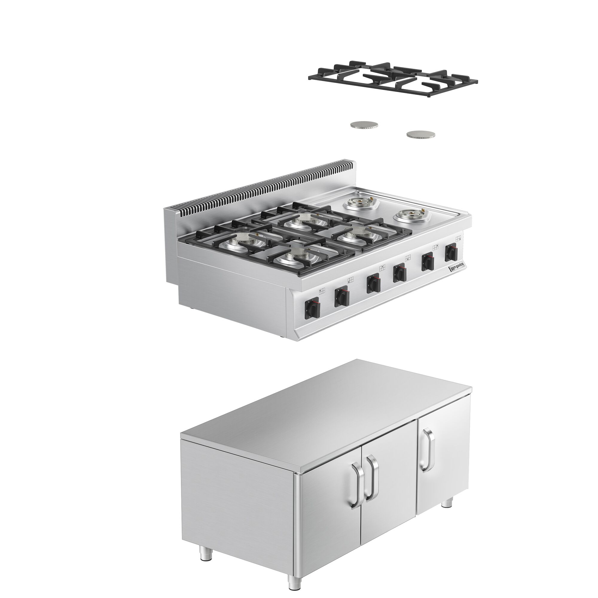 Fourneau à gaz – 36 kW – 6 brûleurs – avec soubassement avec 3 portes