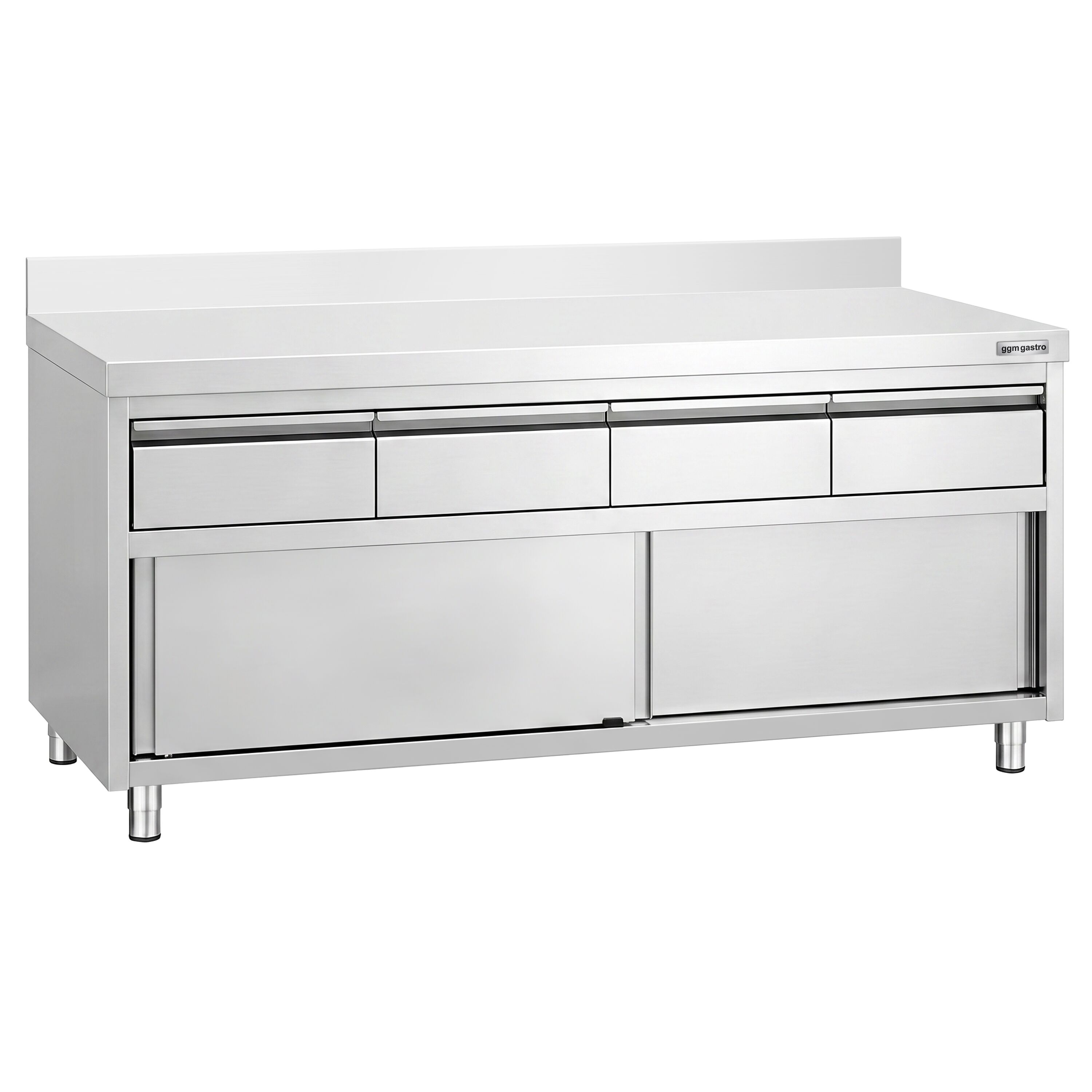 Armoire de travail en acier inoxydable PREMIUM - 2000 x 600 mm - avec rebord - avec 4 tiroirs et une porte coulissante