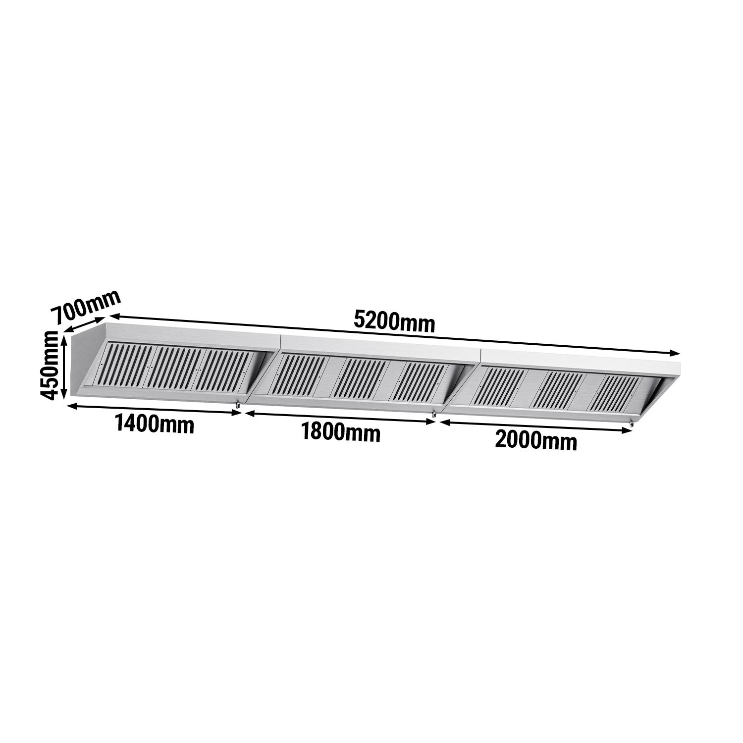 Fali elszívóernyő - 5200 mm - 700 mm mély - Labirintszűrő és világítás - motor nélkül