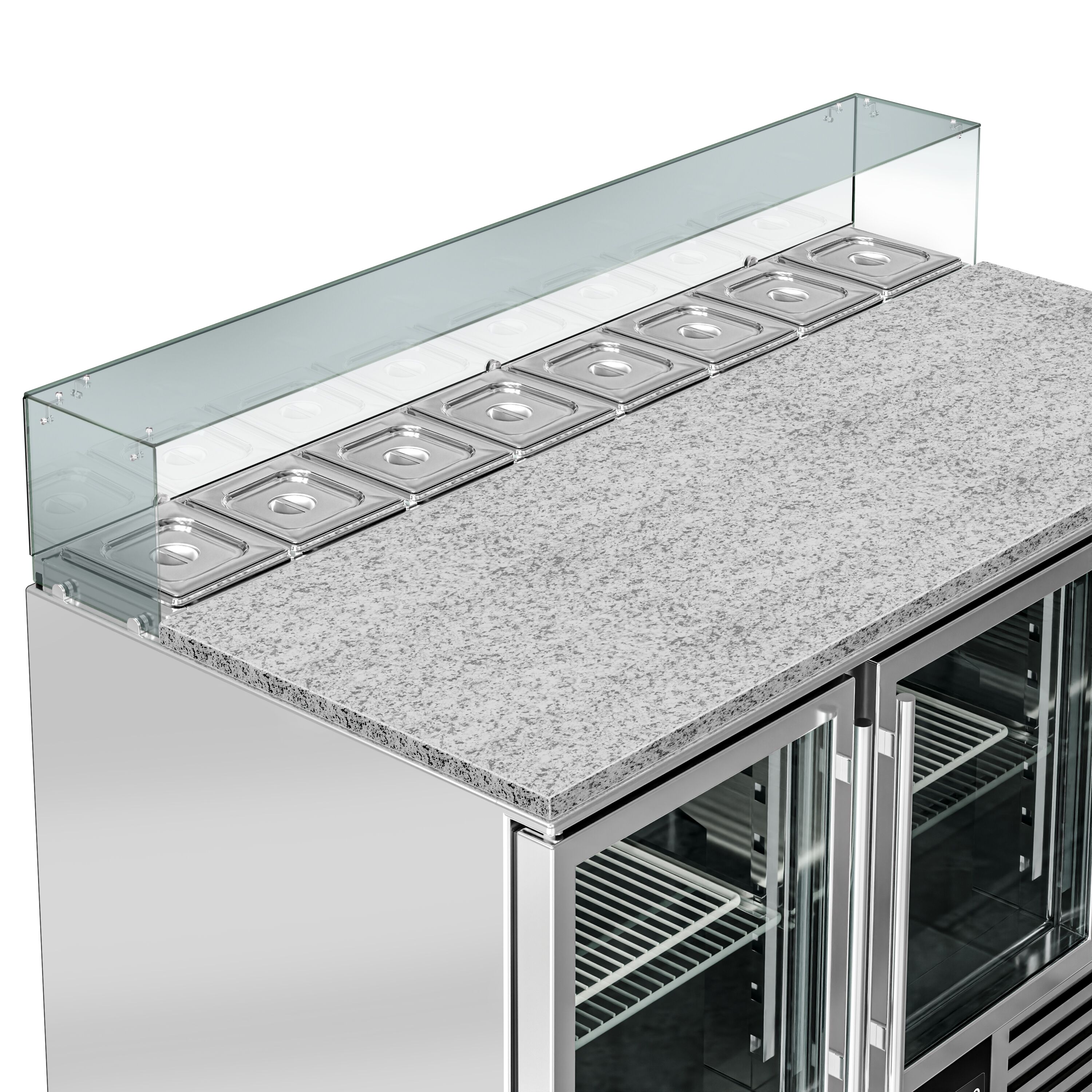 Saladette réfrigérée PREMIUM - 1368mm - 368L - 3 portes vitrées - avec vitrine de comptoir pour 8x GN 1/6