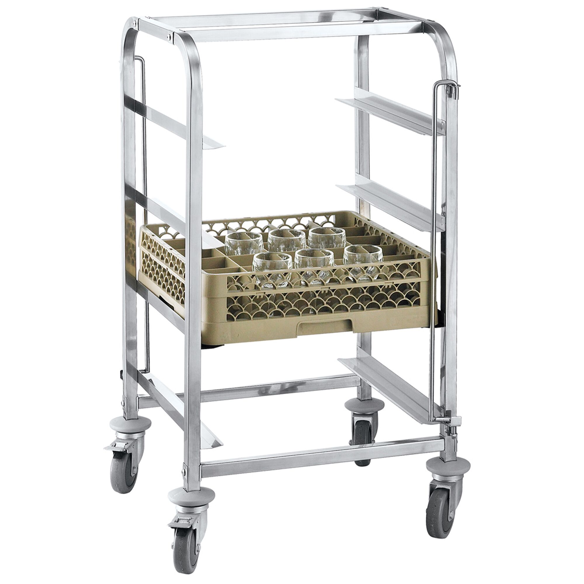 Chariot de transport pour paniers à vaisselle en acier inoxydable - 550x505mm - avec 4 surfaces de rangement en acier inoxydable - avec poignée