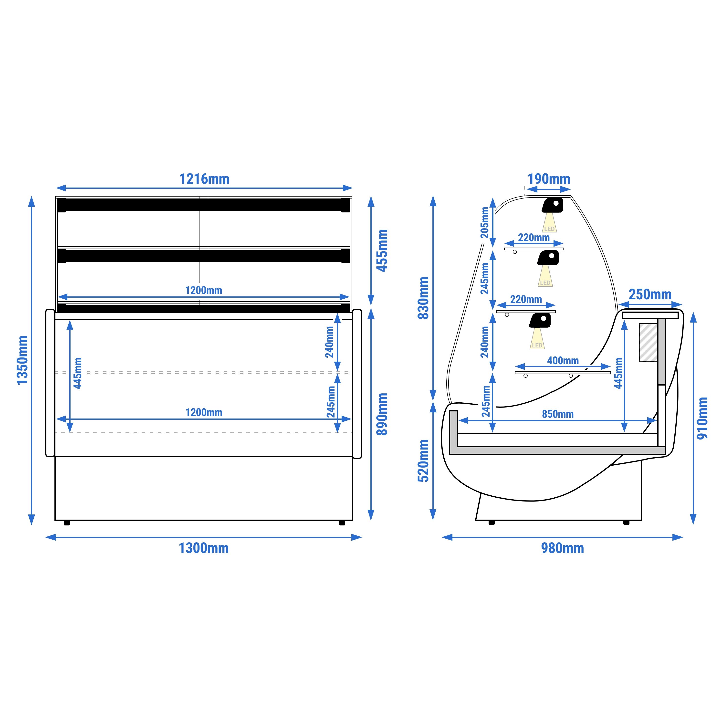 Kühl- & Kuchentheke - 1300mm - mit Beleuchtung - 3 Ablagen & Tortenauszüge