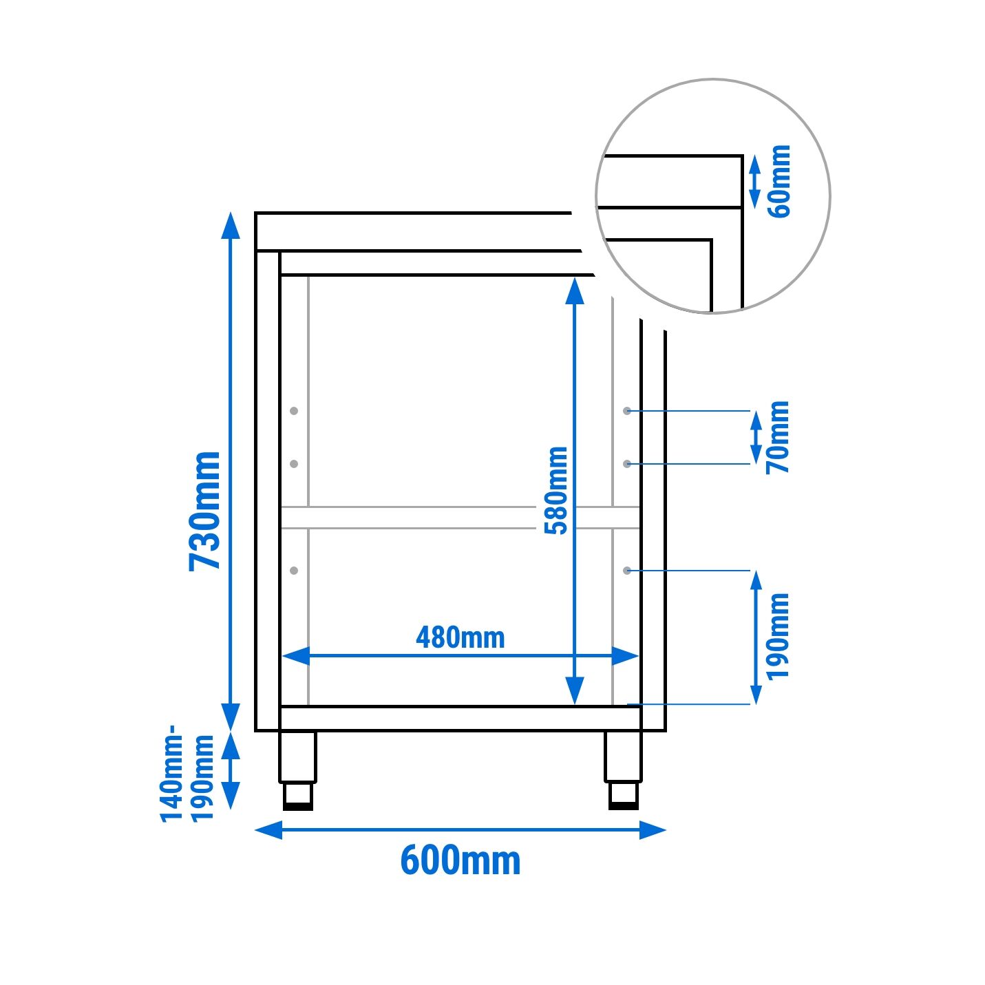 Table armoire en acier inoxydable PREMIUM - 600x600mm - avec porte battante