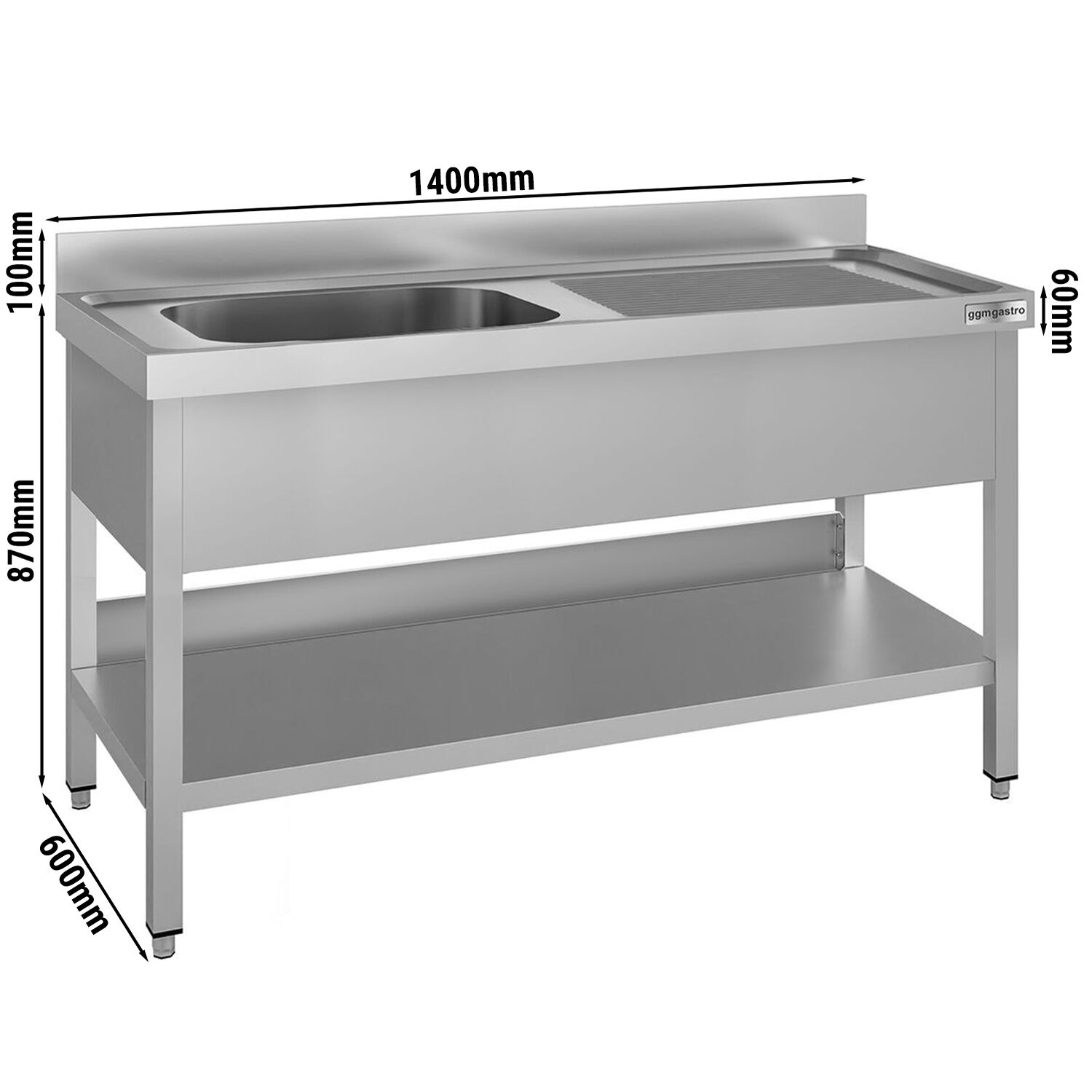 Plonge en inox ECO - 1400x600mm - avec étagère basse - 1 bac à gauche