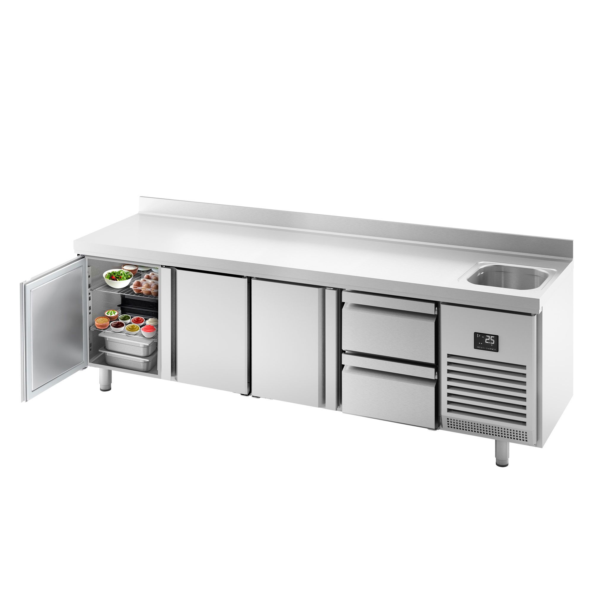 Table réfrigérée Premium PLUS - 2452 x 700 mm - avec 1 bac, 3 portes, 2 tiroirs - dosseret