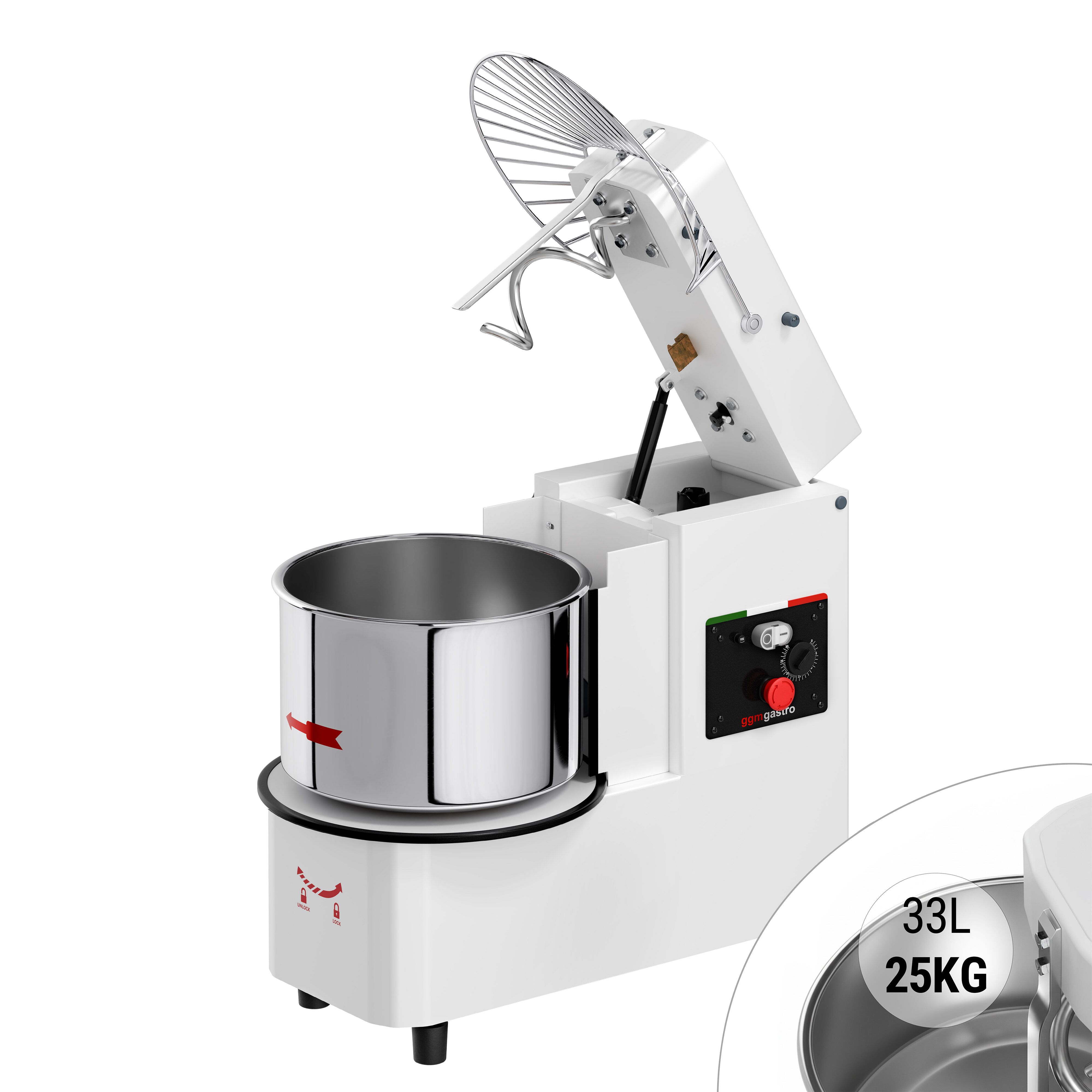 Pétrin à Pâte / Pétrin à spirale - 33 Litres / 25 kg - 1 Vitesse - Cuve Amovible & Tête Relevable - Fonction Minuterie