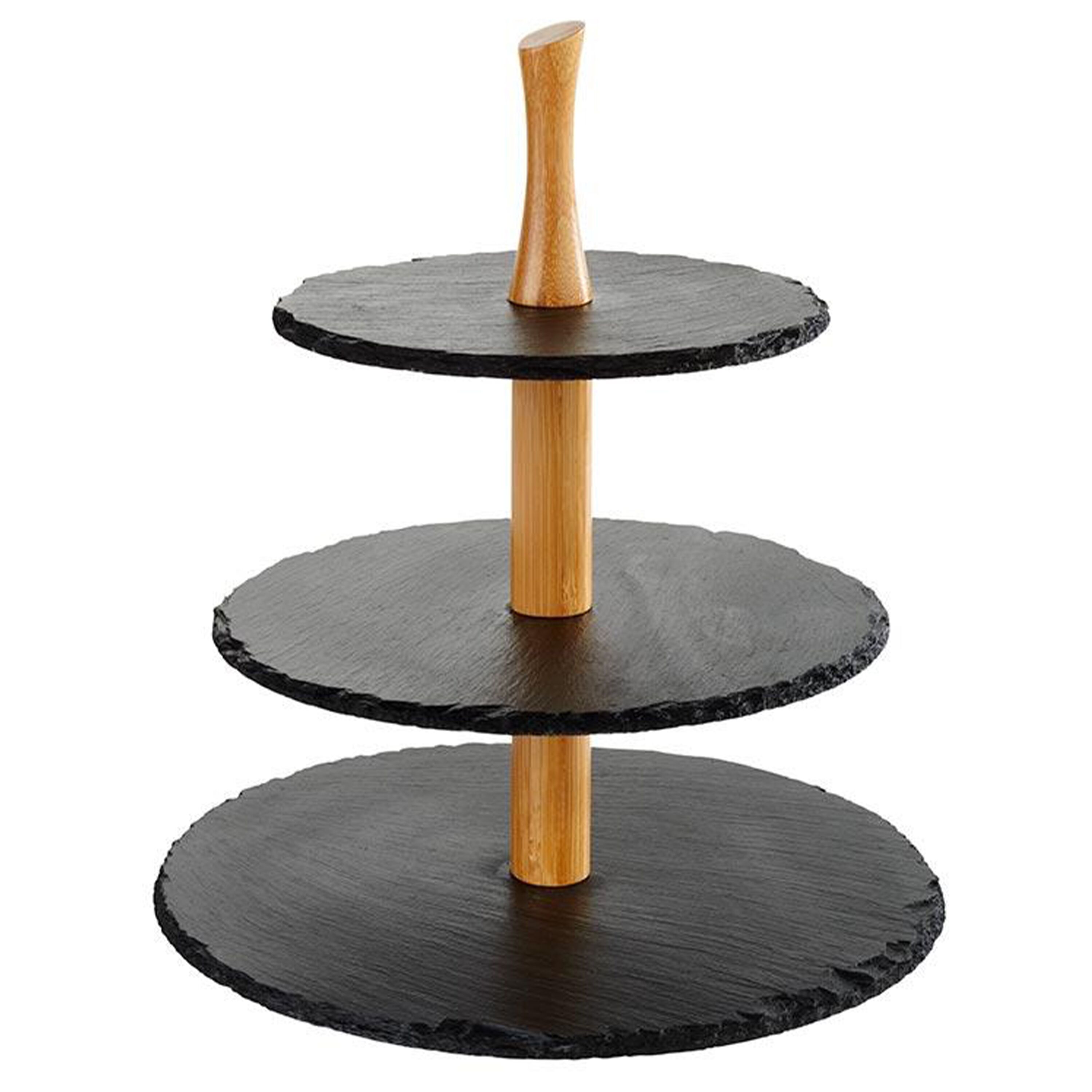 Présentoir buffet - 3 niveaux - Rond - Structure en bois - Plateaux en ardoise