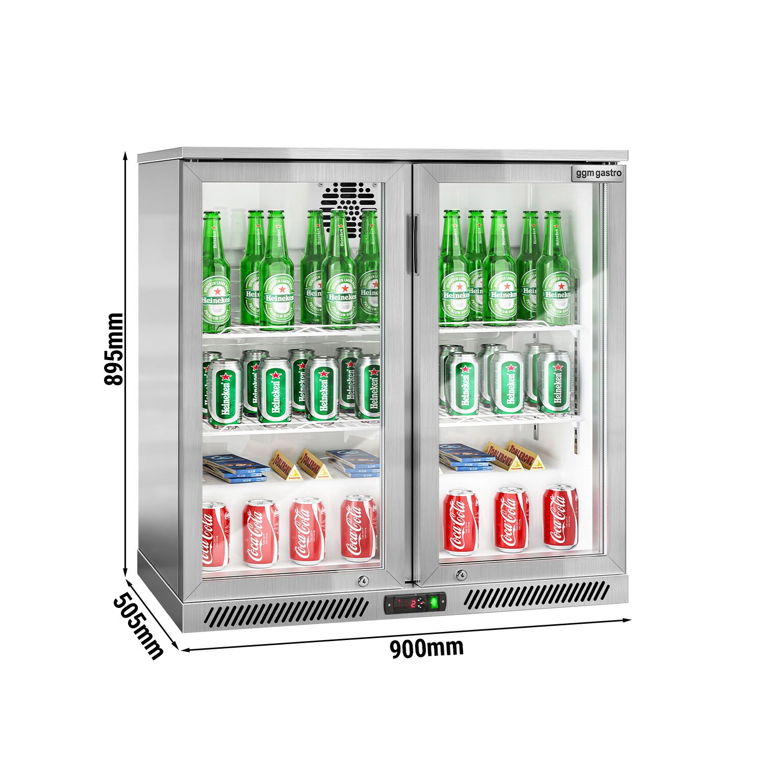 Réfrigérateur de bar – 900 mm – 220 litres – avec 2 portes vitrées battantes – en inox
