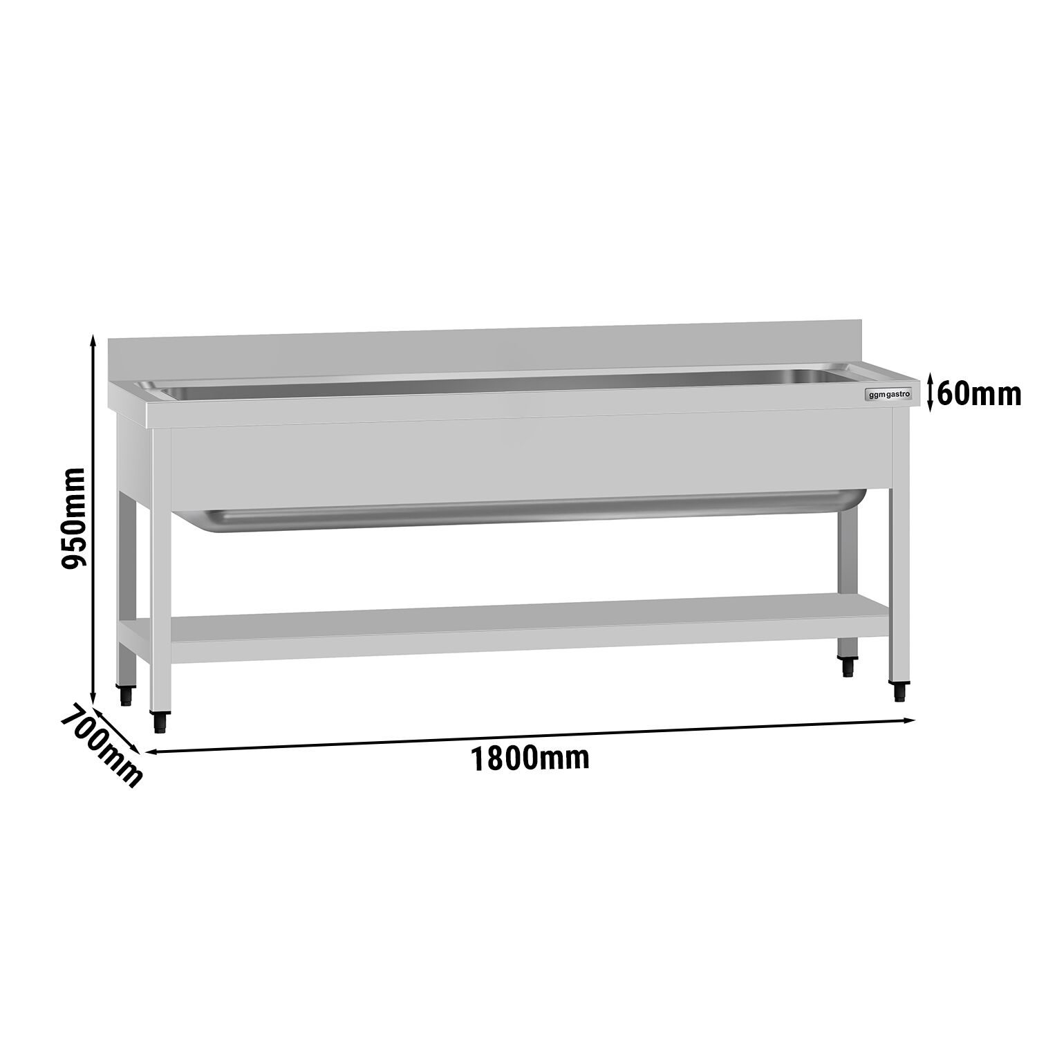 Plonge à marmites en inox ECO - 1800x700mm - avec étagère basse & 1 bac